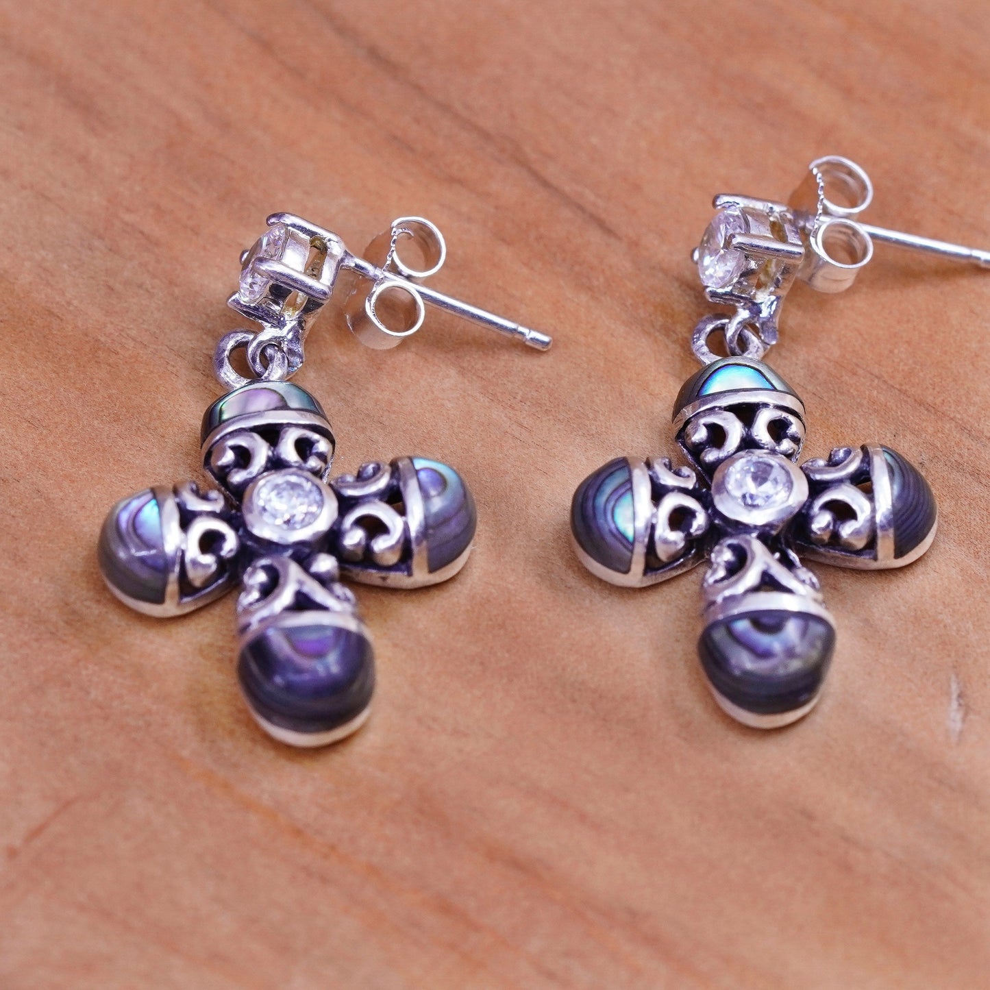 Vintage Sterling 925 silver handmade cross earrings with abalone and cz
