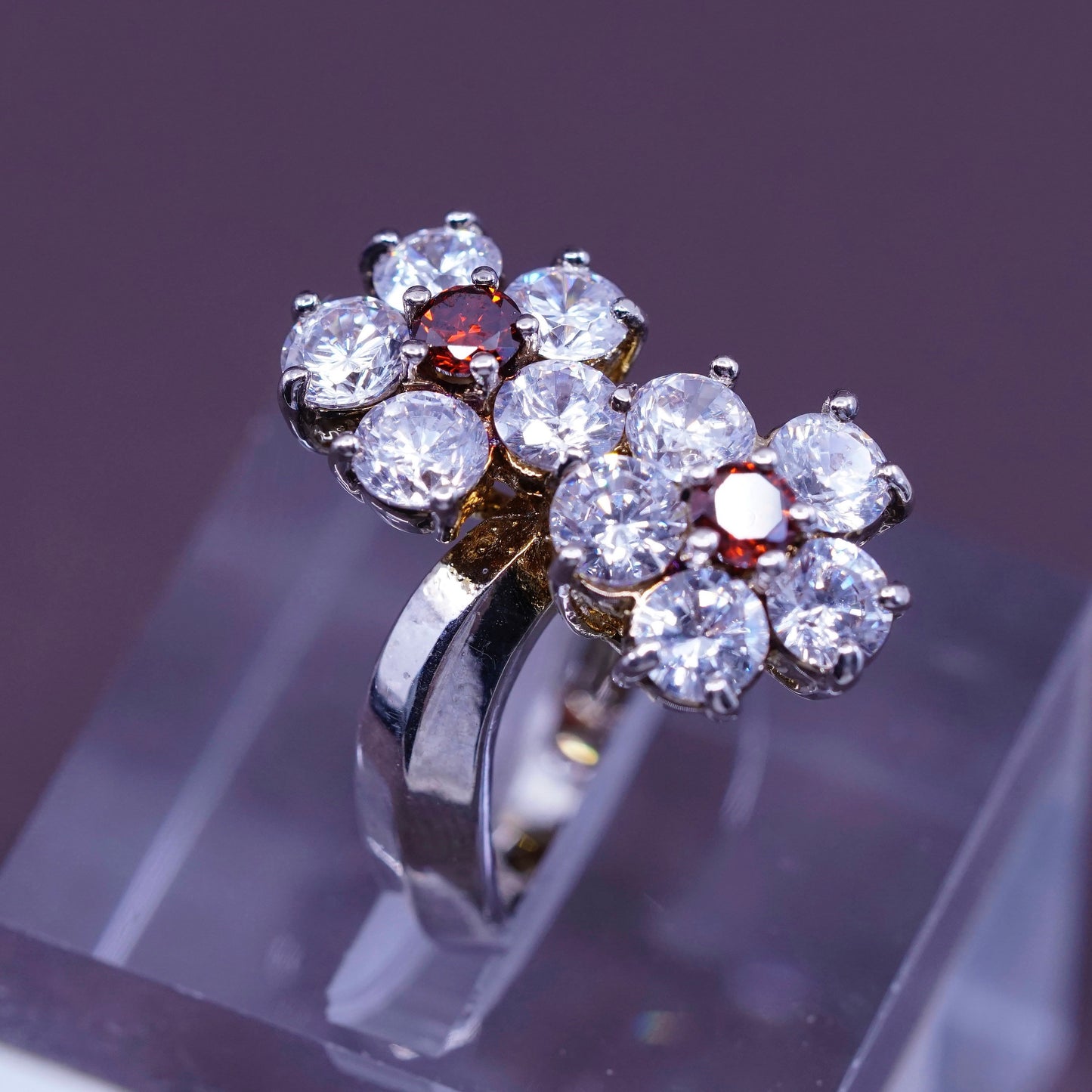 Size 6.75, vtg Sterling 925 silver handmade ring with crystal flower and ruby