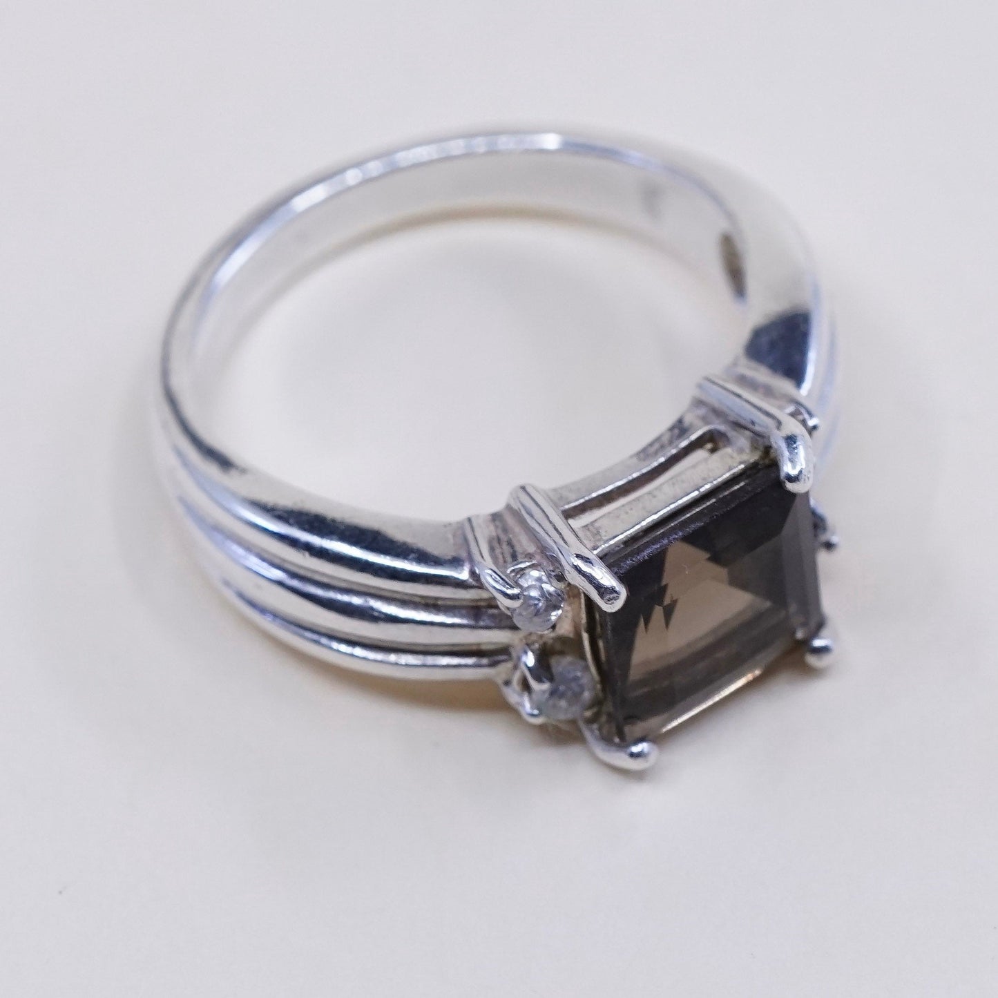 sz 8.25, sterling silver handmade ring, 925 statement ring w/ smoky topaz N Cz