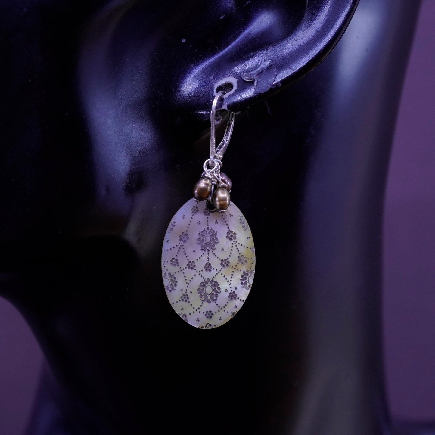 Vintage Sterling 925 silver Handmade earrings with cluster pearl abalone disc