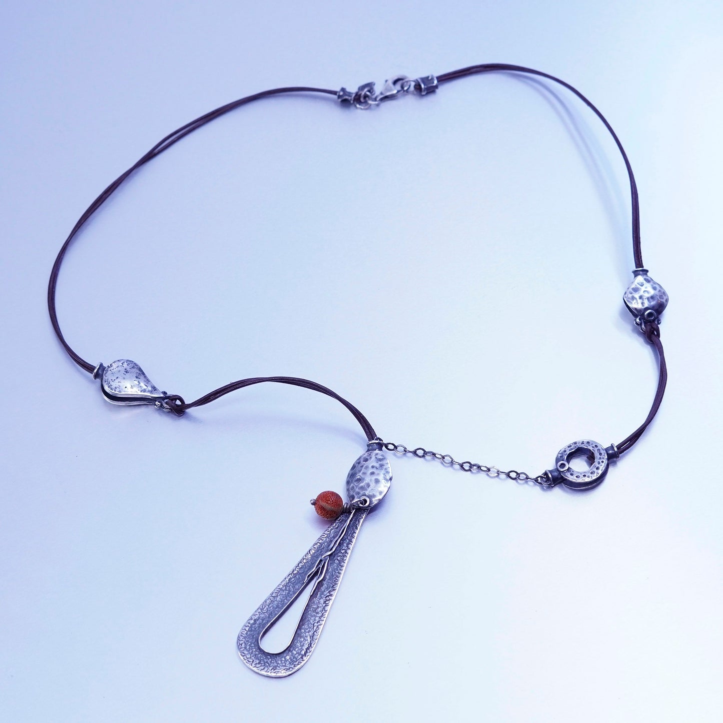 20”, Silpada Teardrop Sterling Silver 925 Pendant Coral Leather Necklace N1950