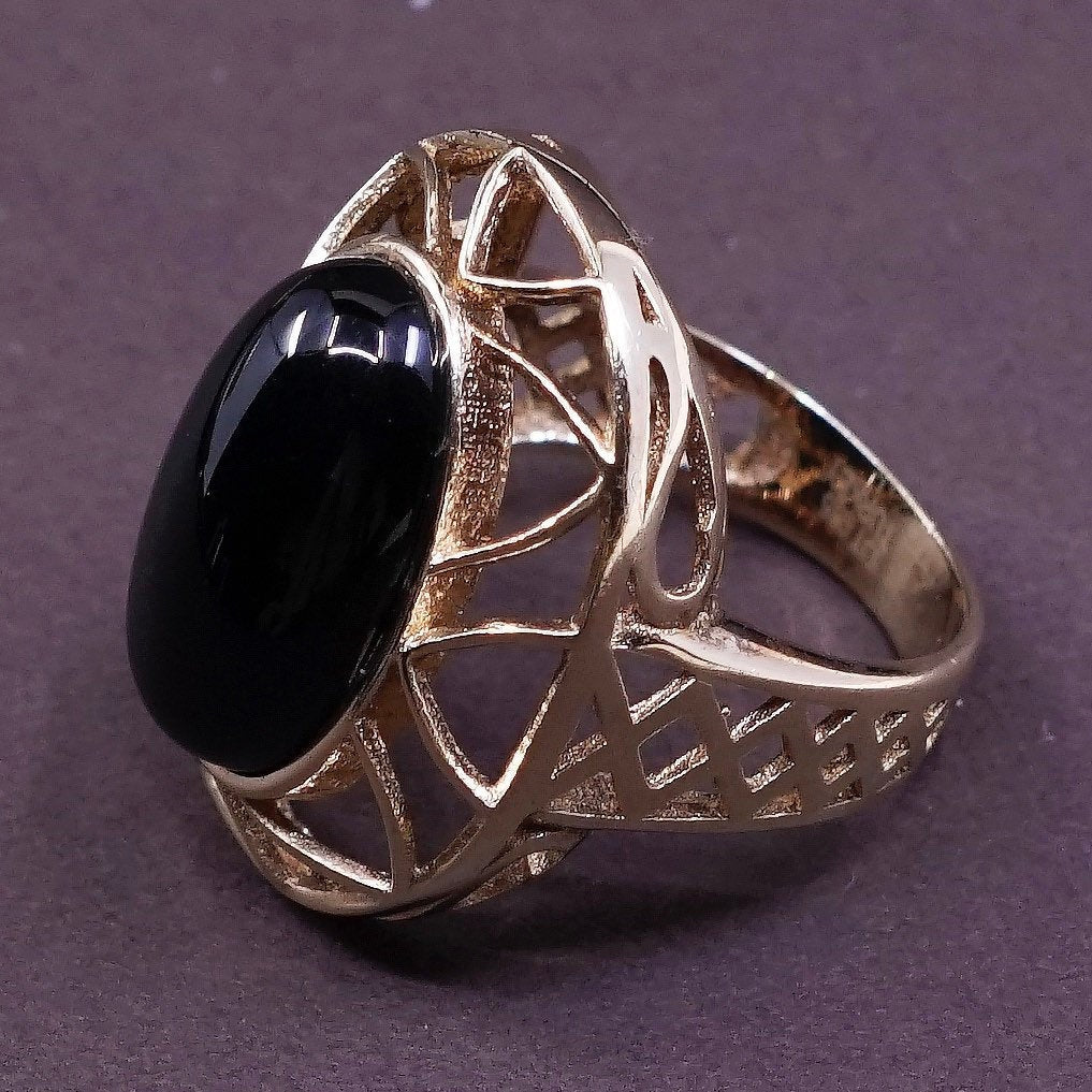 sz 6, vermeil gold over Sterling silver handmade ring, modern 925 w/ obsidian