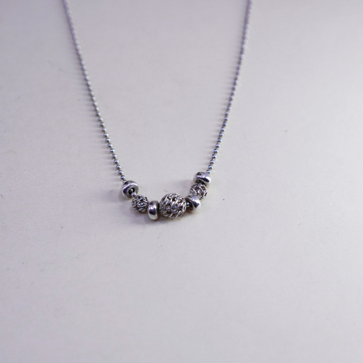 16”, vtg sterling 925 silver handmade bead chain necklace with filigree beads