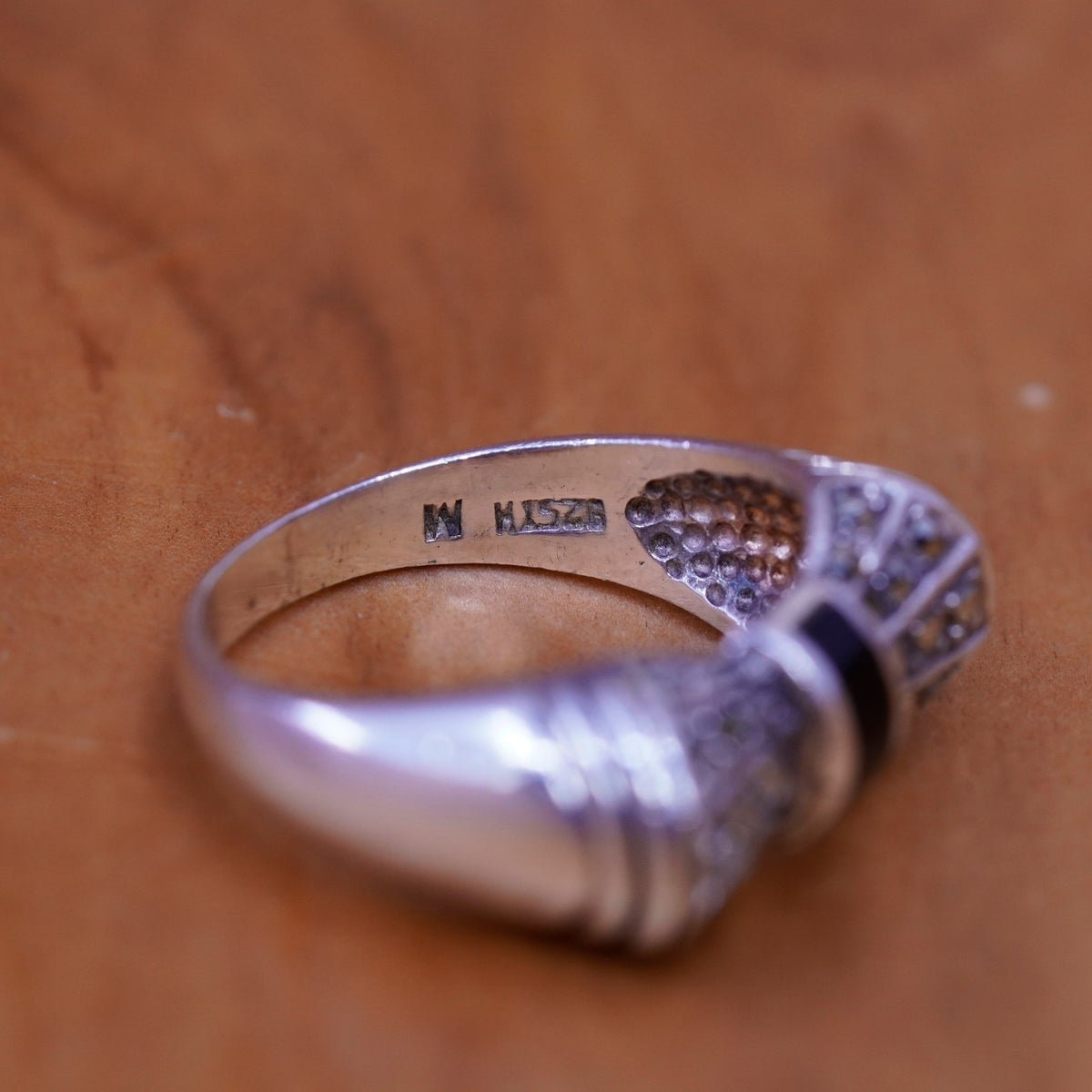 Size 7, vintage Sterling silver handmade ring, Art deco 925 bow ribbon obsidian