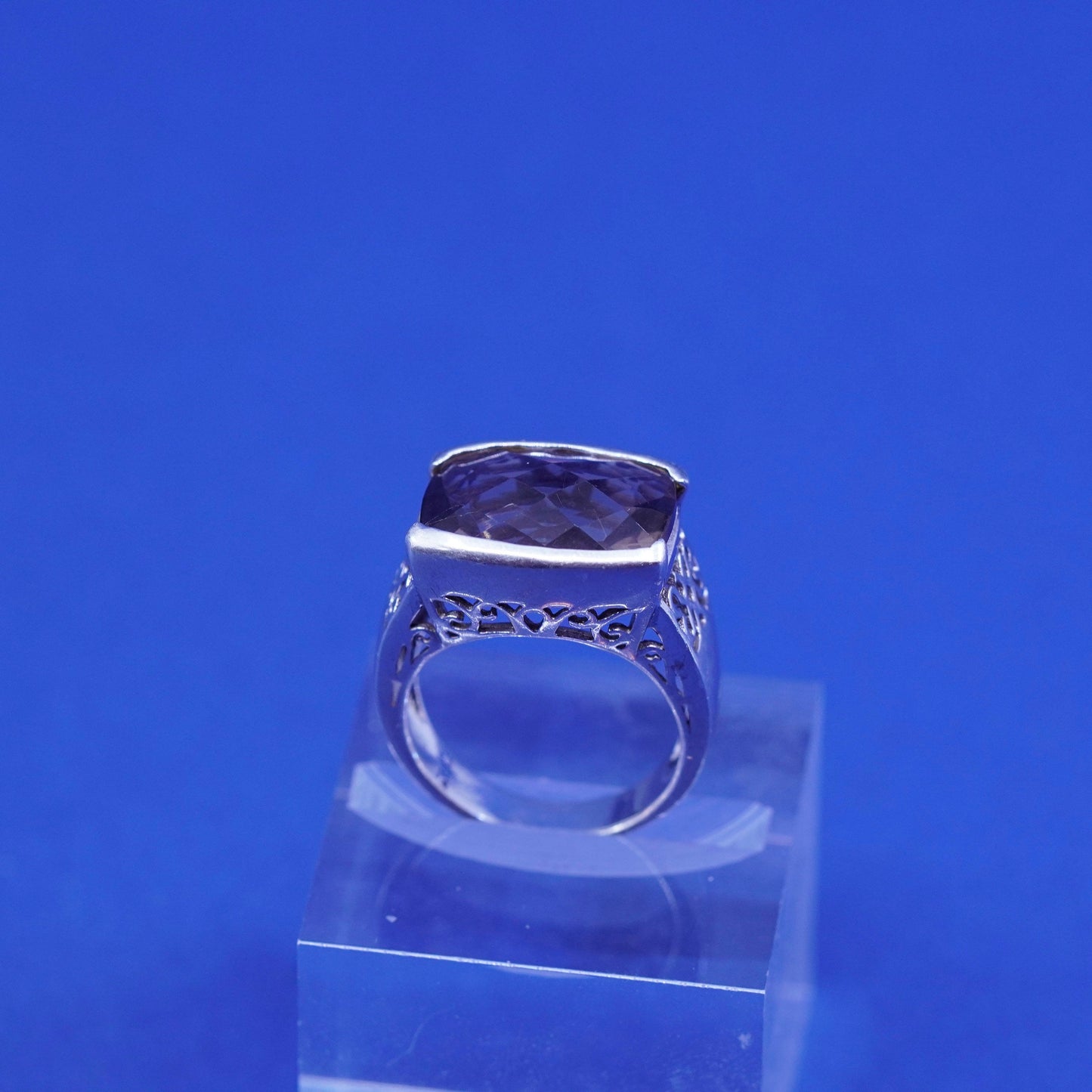 Size 7.25, sterling 925 silver handmade filigree ring w/ cushion smoky topaz