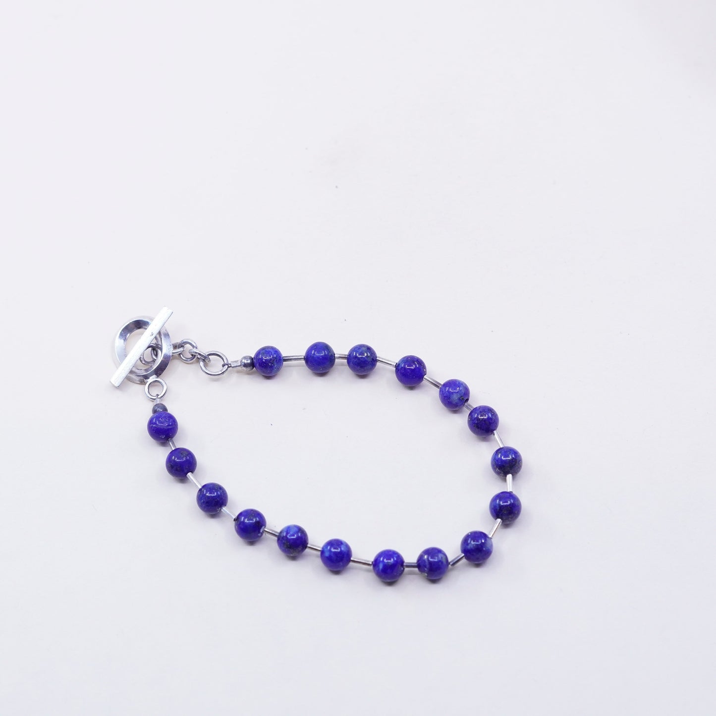 7”, Vintage Sterling 925 silver bracelet with square shaped lapis lazuli beads