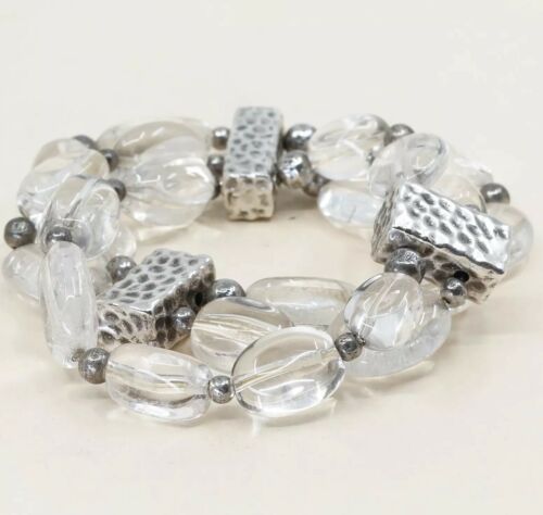 6.5”, Vtg Sterling 925 Silver Handmade Bead Bracelet W/ Crystal N Elastic Band