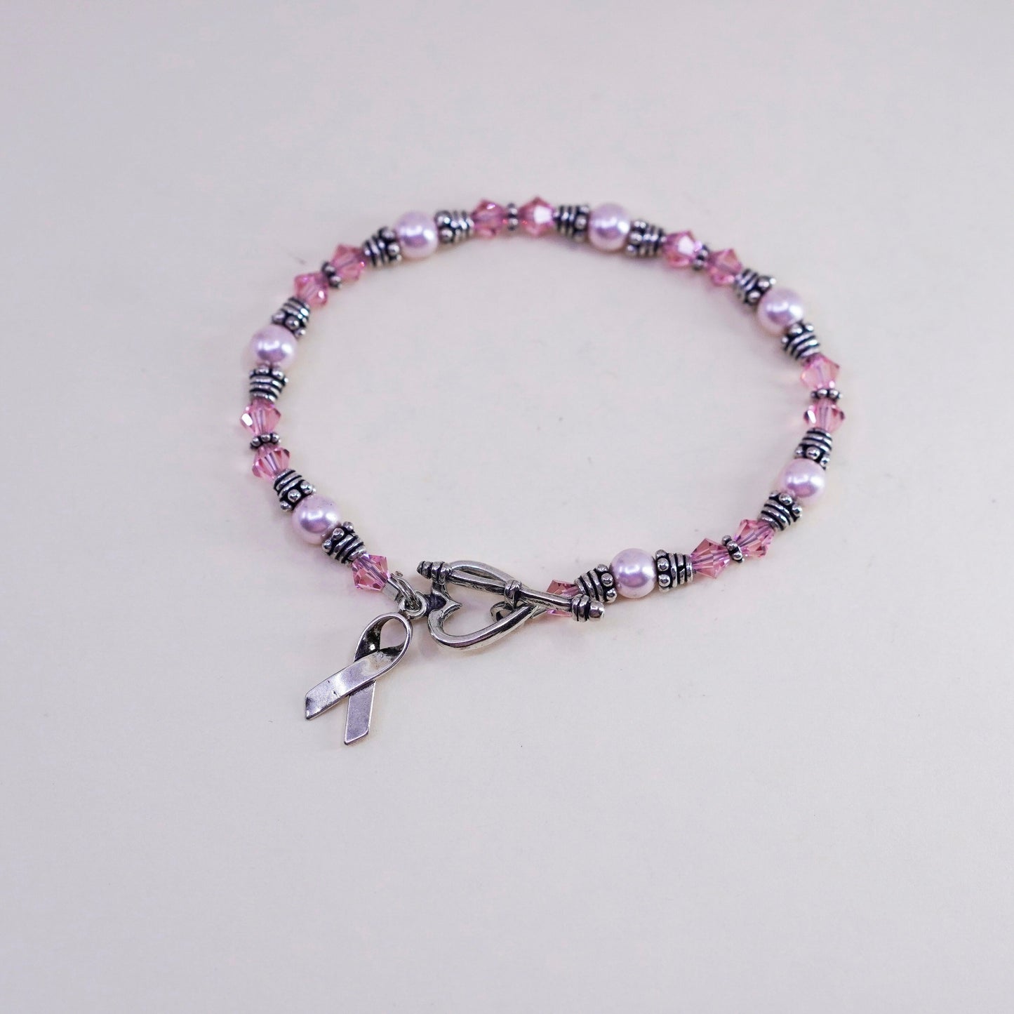 7”, Sterling silver bracelet, 925 bead chain pink crystal breast cancer ribbon