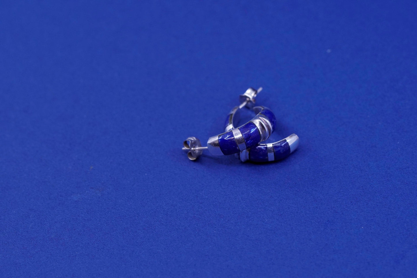 Vintage Sterling silver earrings, 925 hoops, huggie with sodalite