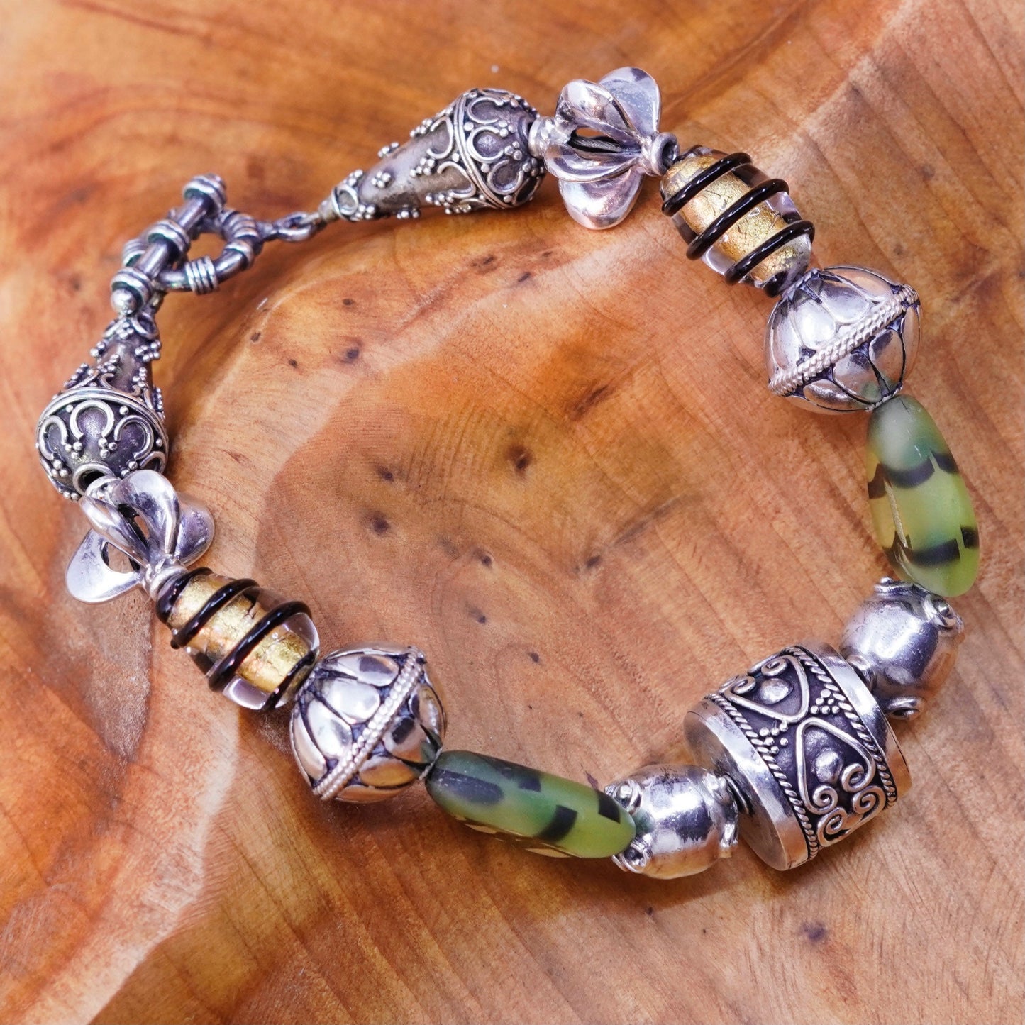 6.25”, sterling silver handmade bracelet, heart glass bracelet w/ 925 bail bead