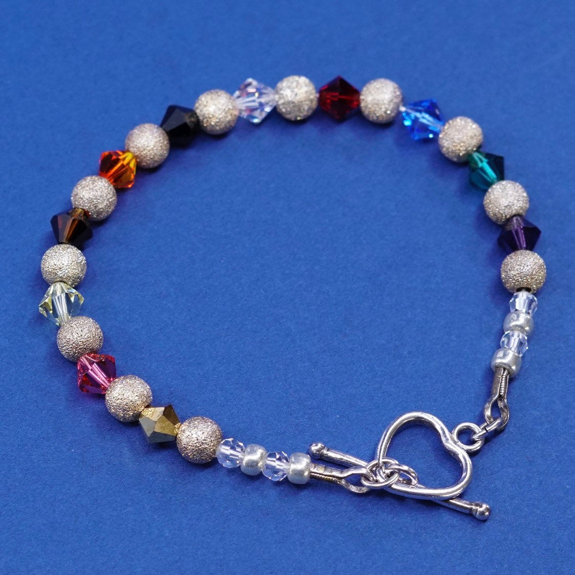 7.25”, sterling silver handmade bracelet, 925 beads w/ crystal beads N heart