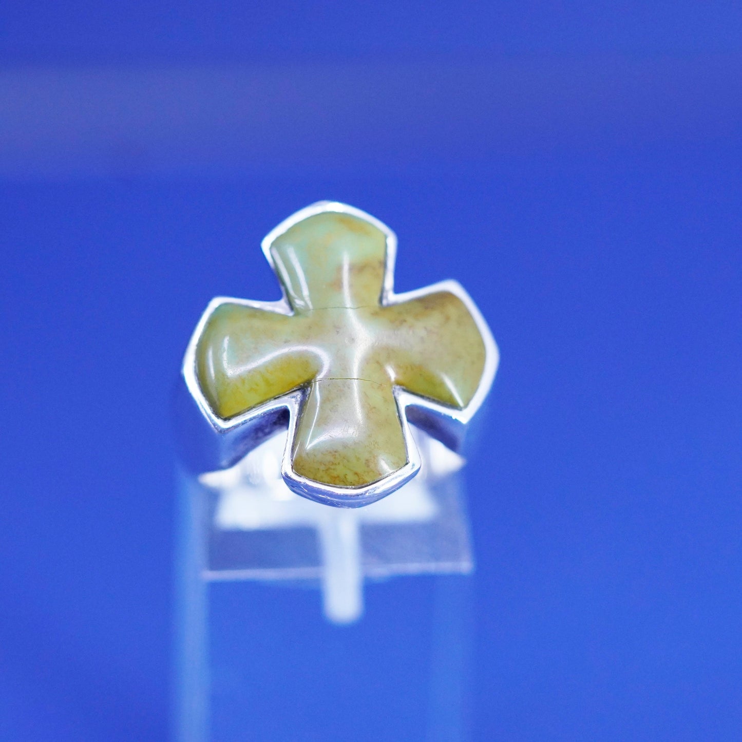 Size 7, vintage sterling silver handmade ring, 925 band jasper Jerusalem cross