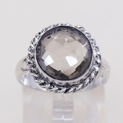 Sz 8.5, Sterling Silver Ring, 925 Silver Engagement Ring W/ Smoky Crystal