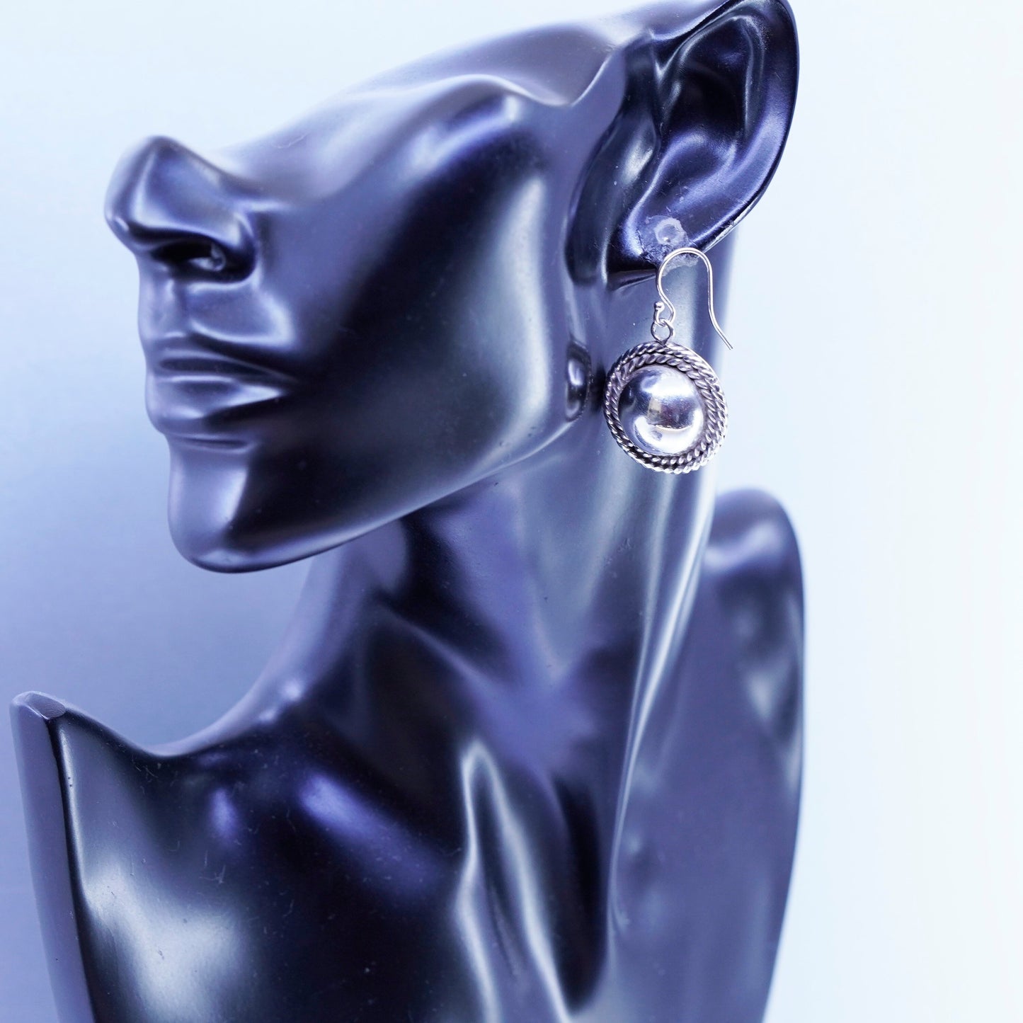 vintage Sterling silver handmade earrings, 925 disc dangles with cable around