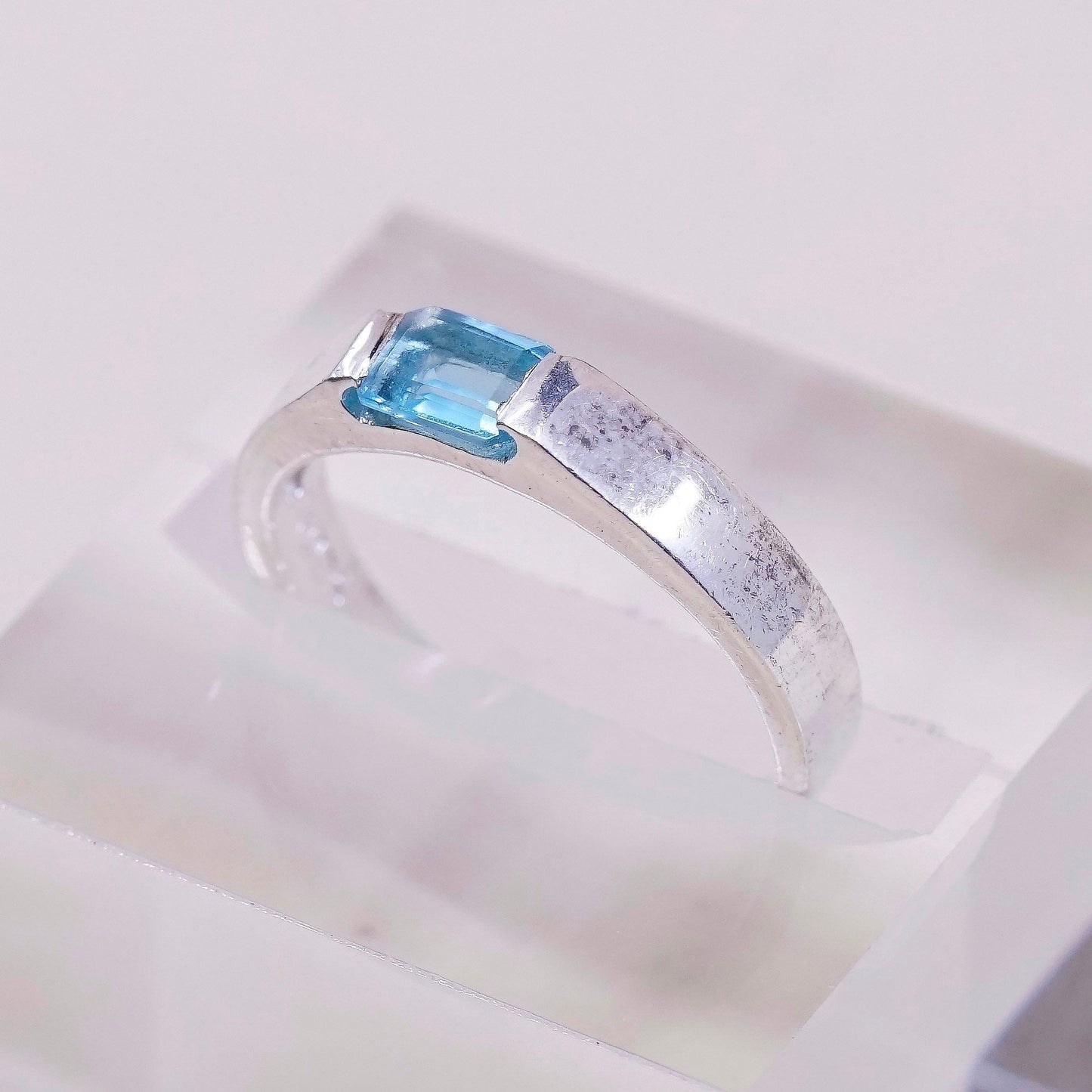 sz 7.25, vtg Sterling silver statement ring, 925 stackable band w/ blue topaz