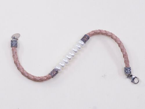 7”, Vtg Sterling Silver Handmade Bracelet, Pink Leather W/ Pearl N 925 Beads