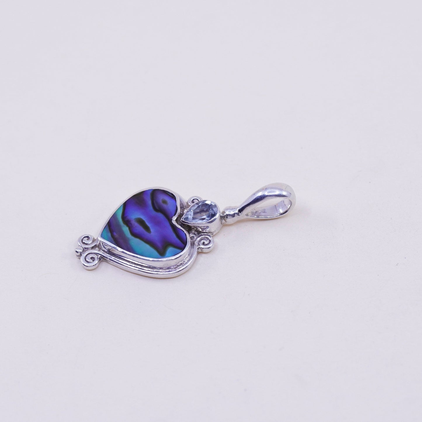 Vintage sajen Sterling 925 silver heart pendant with abalone and topaz