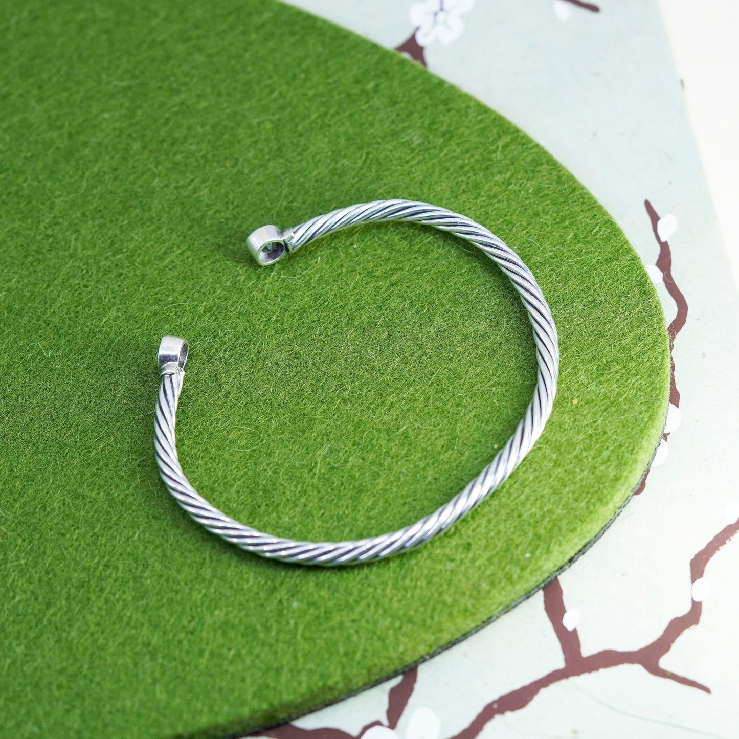 7.25”, vintage Sterling silver handmade cuff, 925 cable bracelet with amethyst