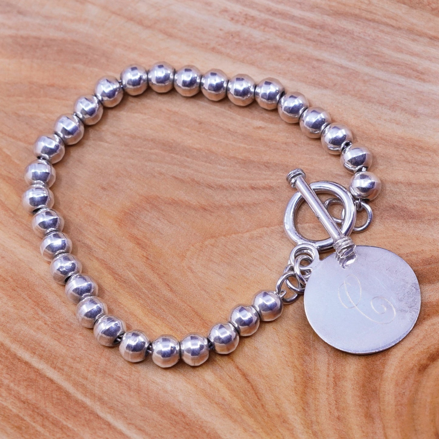 7”, Sterling 925 silver handmade beads bracelet round charm engraved initial “C