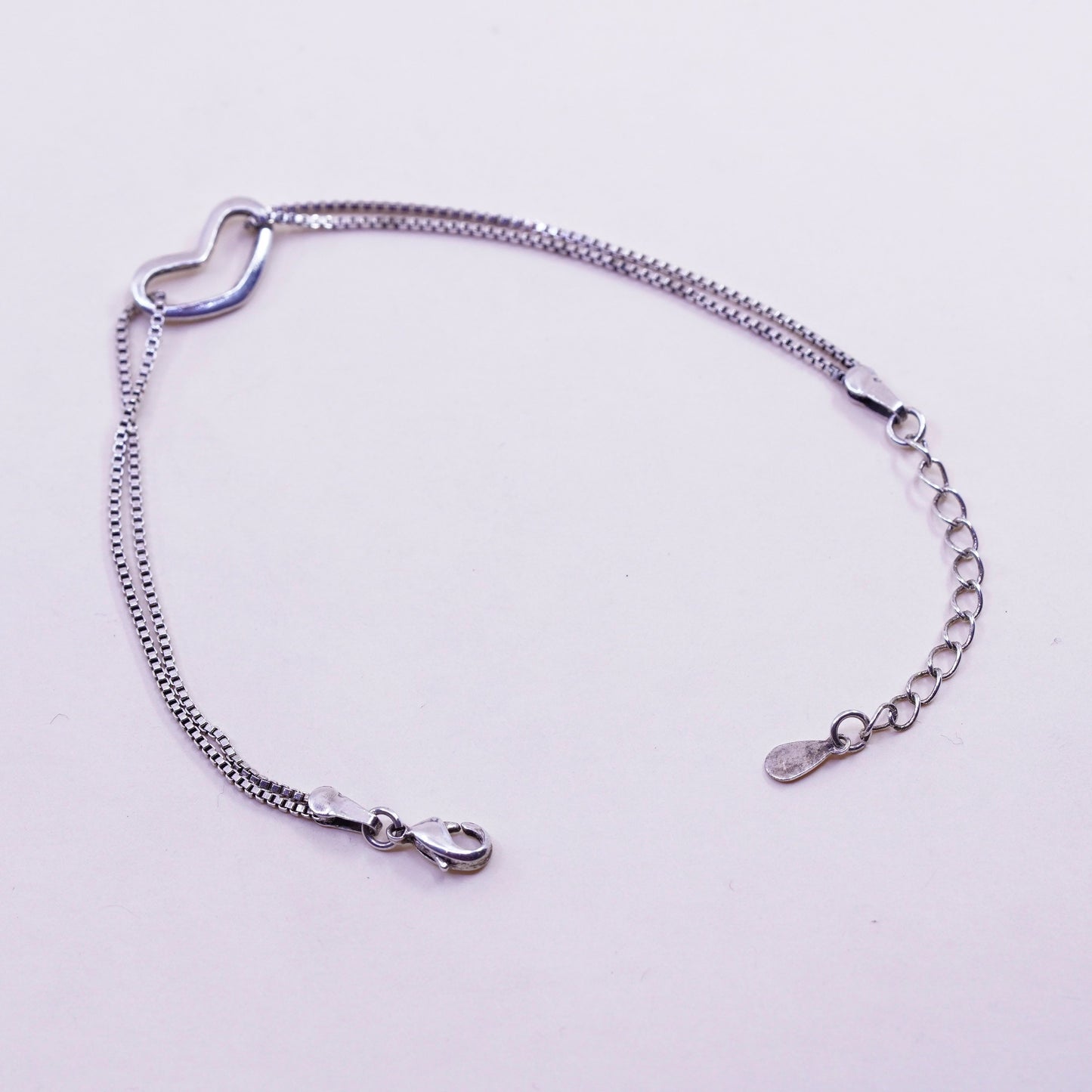 6.25+1”, Vintage sterling silver handmade bracelet, box chain with heart charm