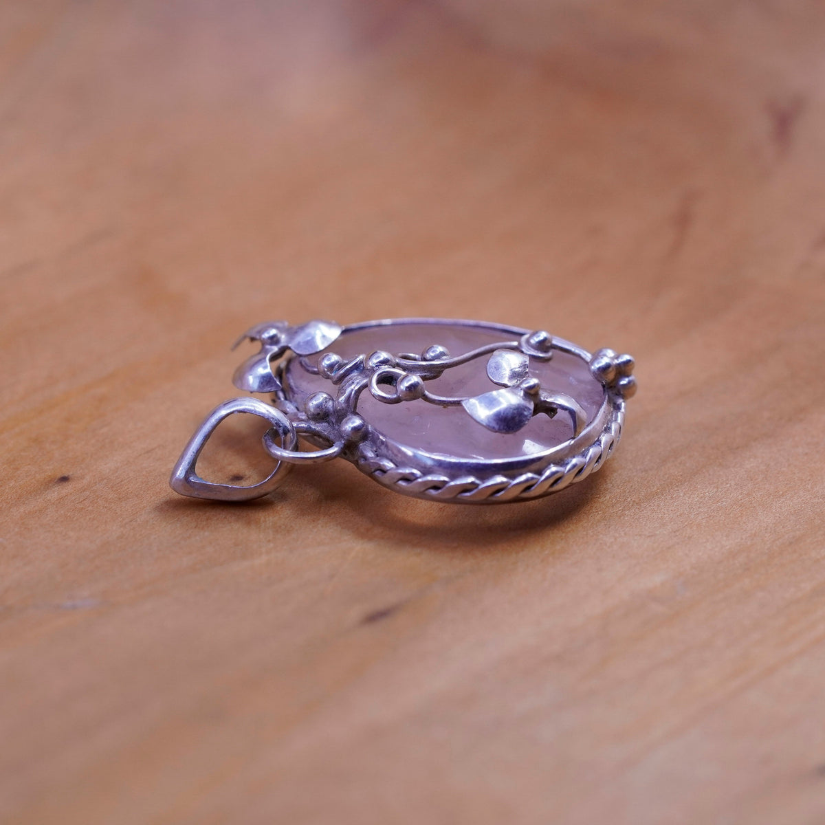 Vintage Sterling silver handmade pendant, 925 heart with pink quartz