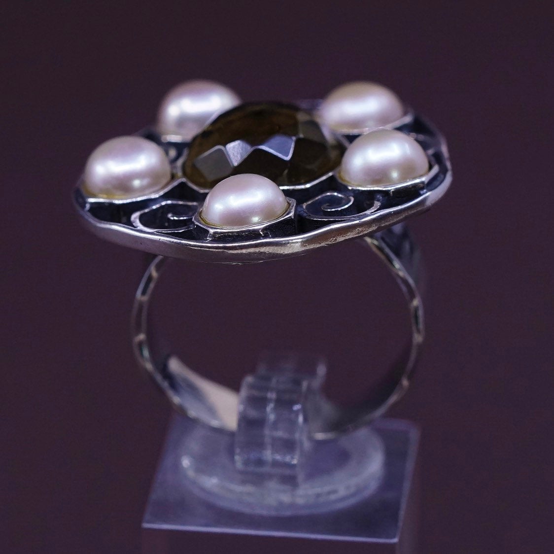 sz 9, JL Israel Sterling silver handmade ring, 925 flower w/ pear N smoky topaz