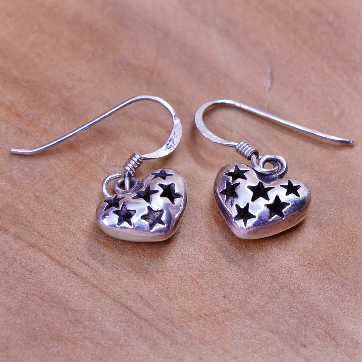 Vintage Sterling silver handmade earrings, 925 heart drops with star cut out
