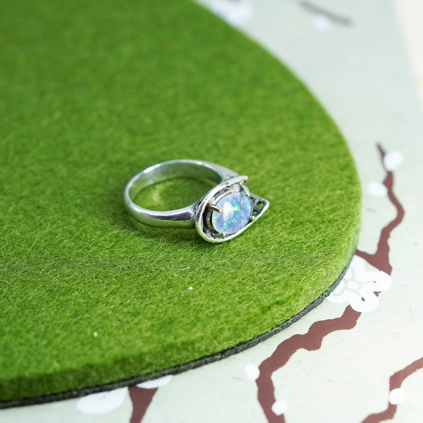 Size 6.5, Vintage Sterling silver handmade ring, 925 filigree band with opal