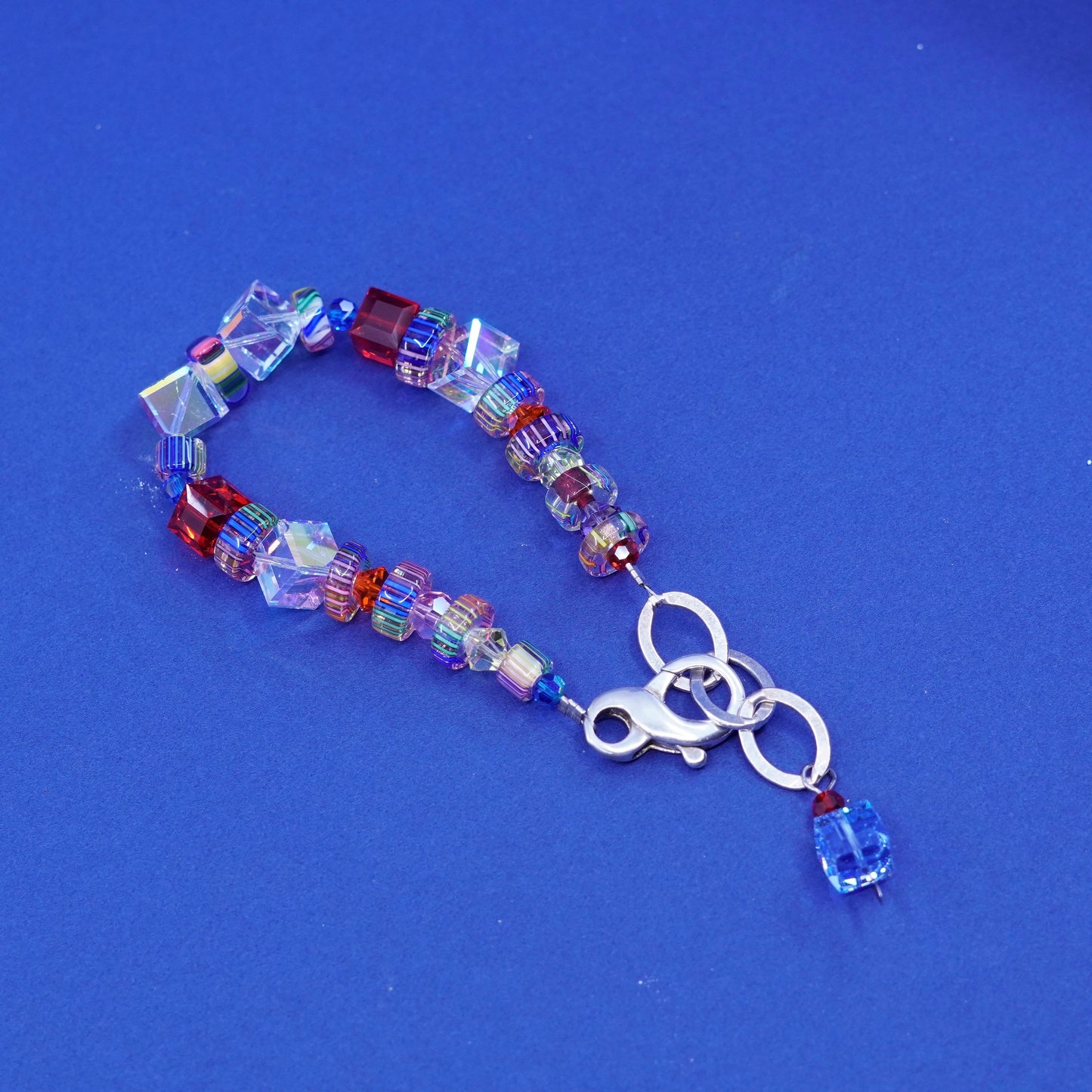 5.75+1”, Vintage handmade sterling silver bracelet with crystal and glass beads