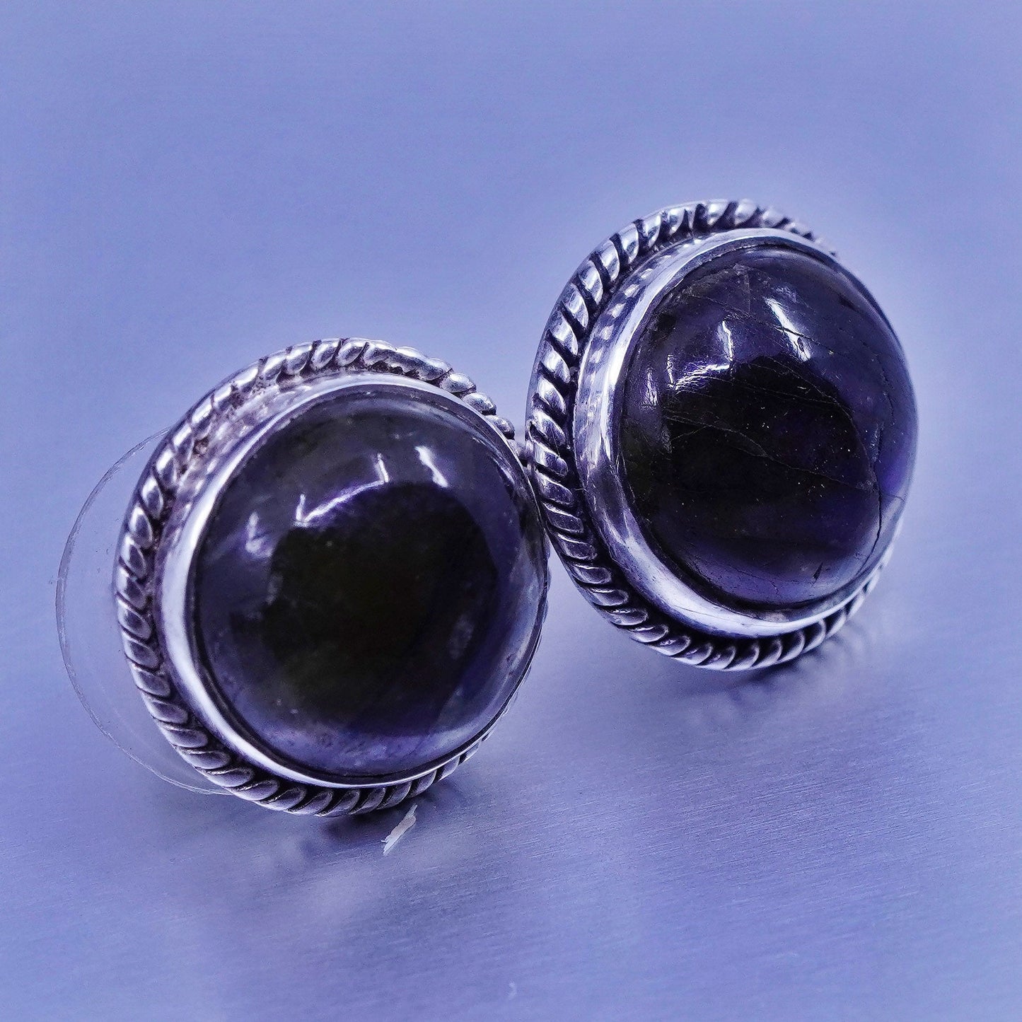 Vintage Sterling 925 silver handmade earrings, round studs with labradorite