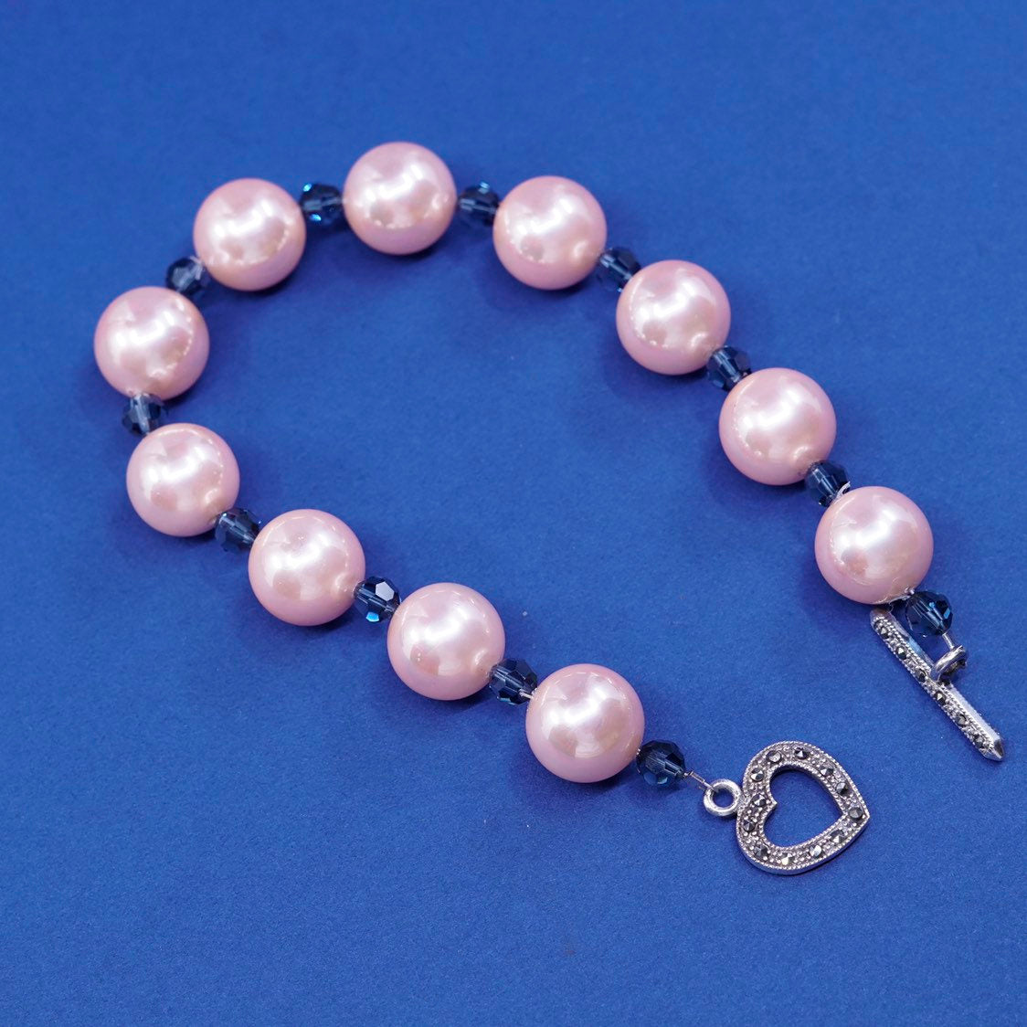 8.25", sterling silver handmade bracelet, pink pearl beads N 925 heart toggle