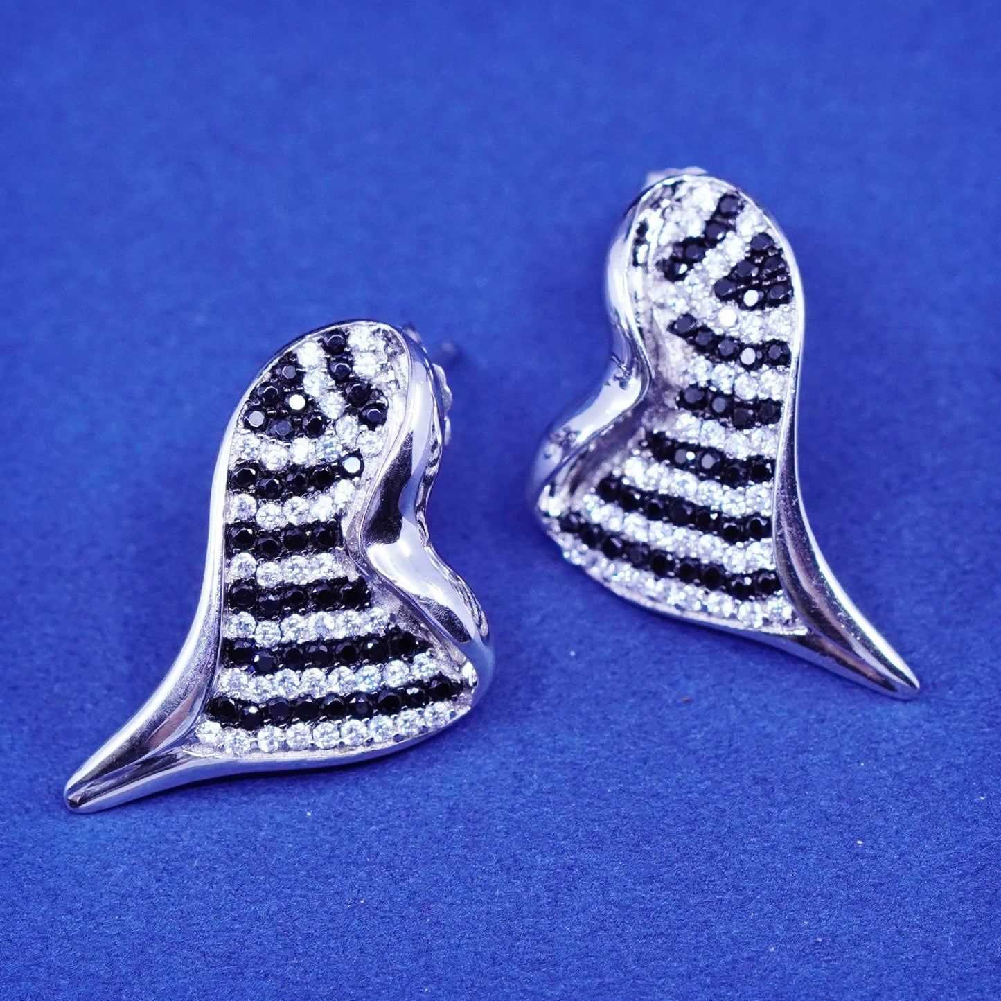 Vintage Sterling silver handmade earrings, 925 heart studs with cluster cz