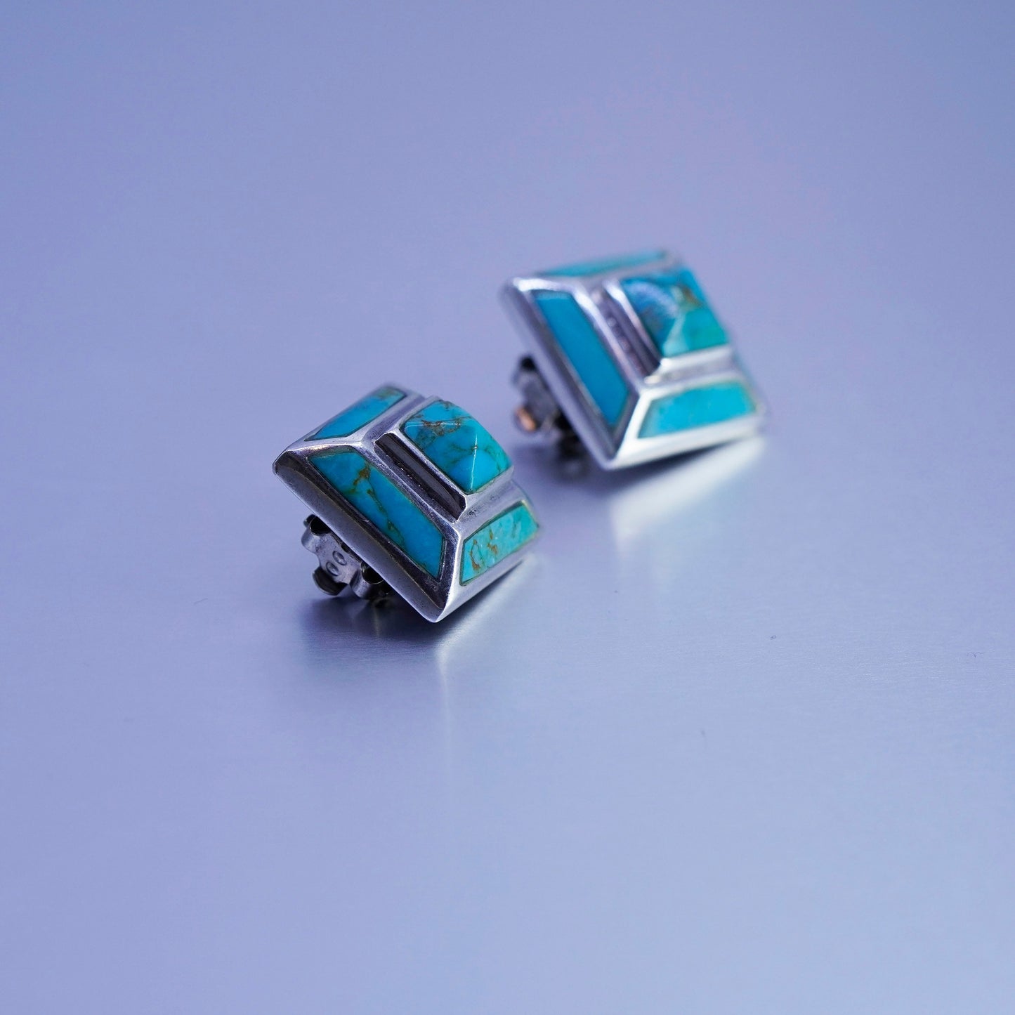 Native American Sterling 925 silver handmade earrings, square clip on turquoise