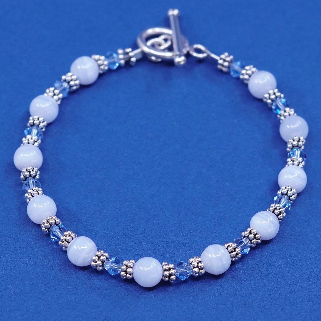 7", vtg sterling silver bracelet, 925 toggle closure w/ lace agate glass beads