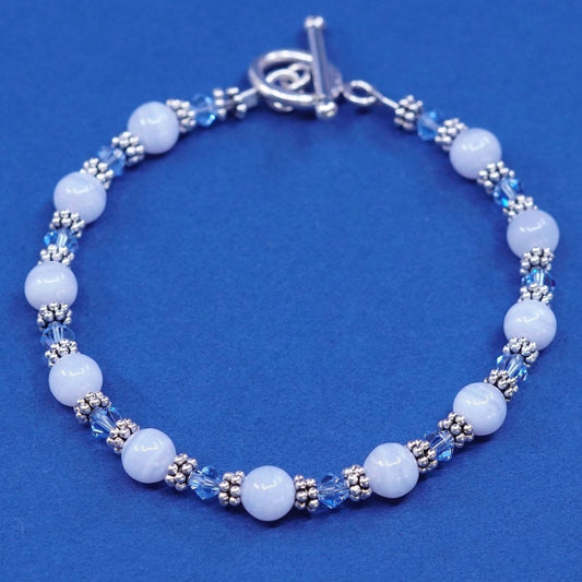 7", vtg sterling silver bracelet, 925 toggle closure w/ lace agate glass beads