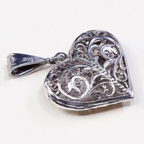Vintage Sterling Silver Handmade Heart Pendant, 925 Silver Puffy Filigree Charm