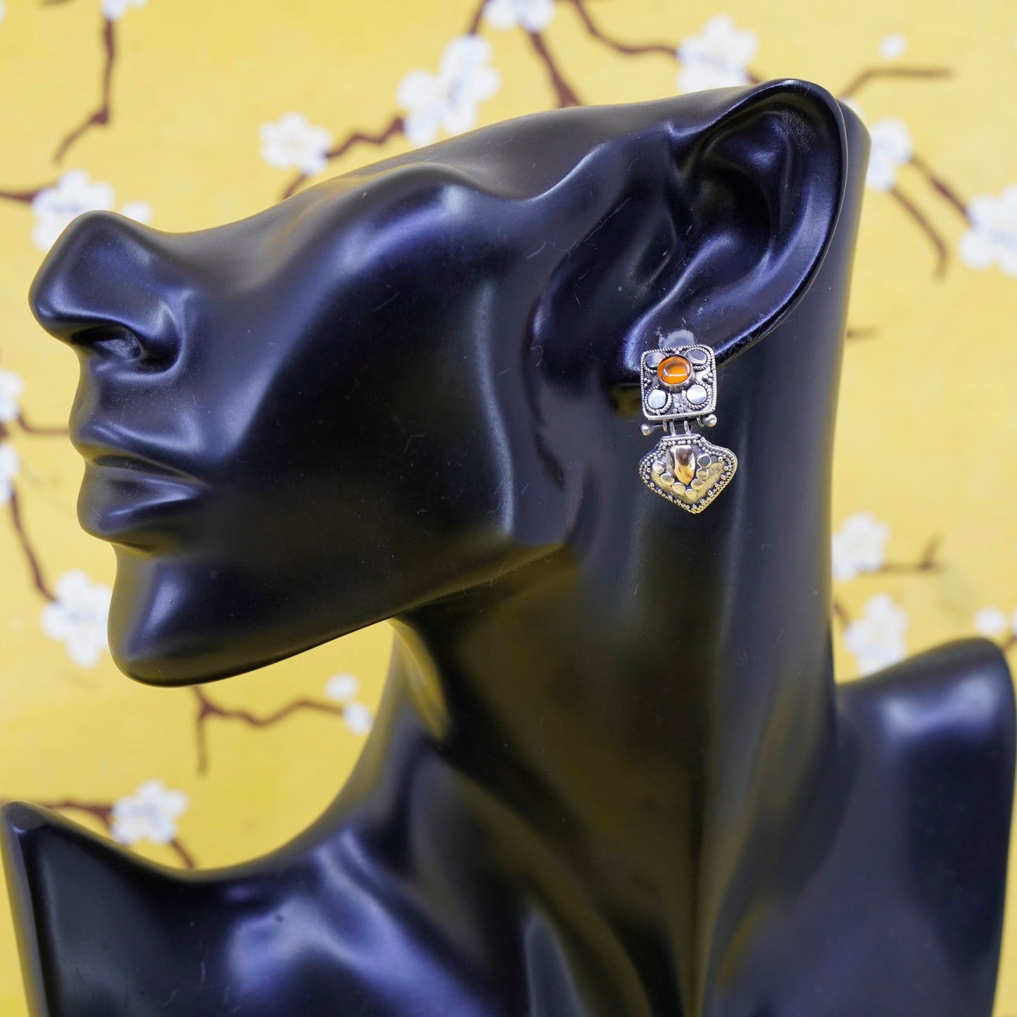 Vintage two tone Sterling 925 silver handmade earrings with amber Bali Beads