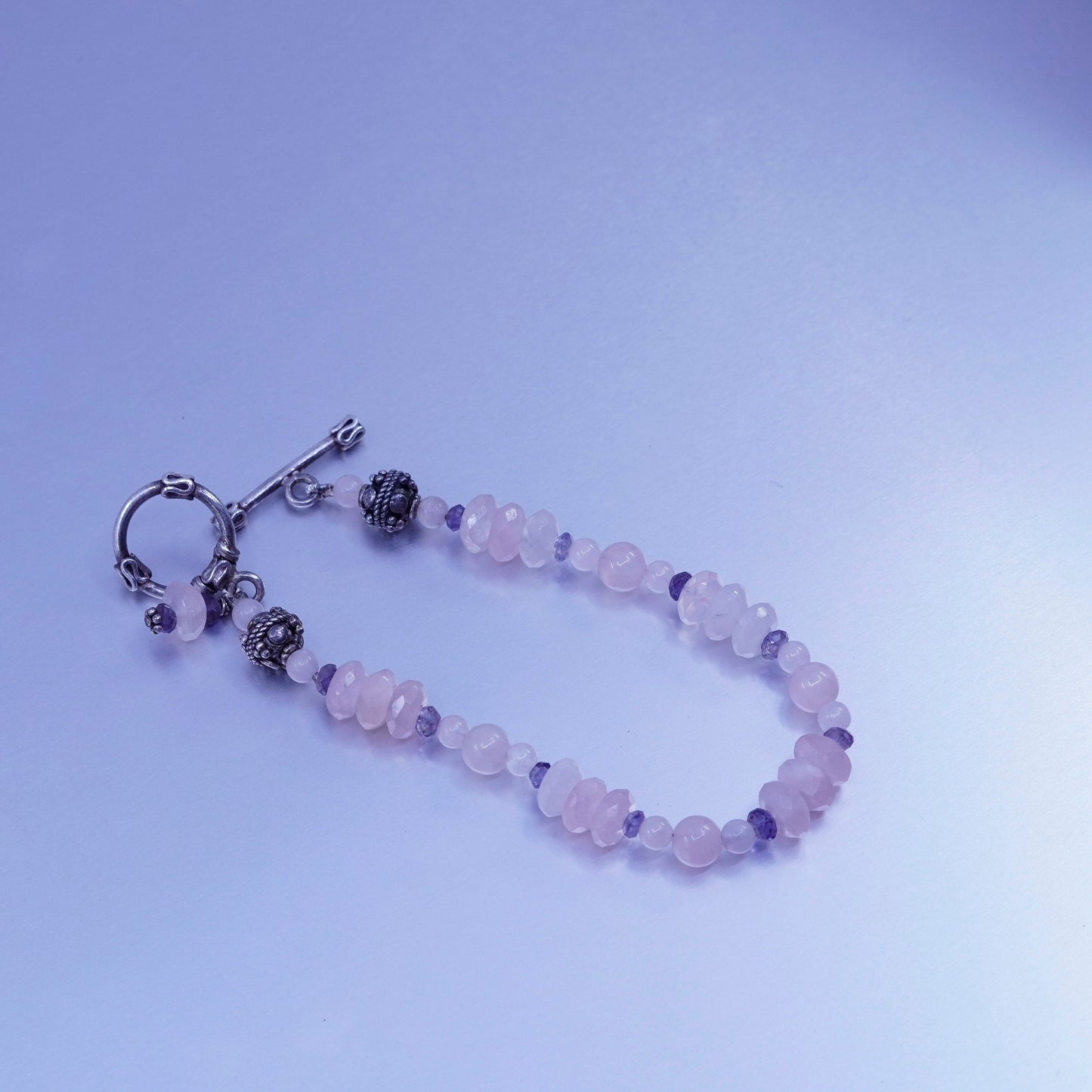 7”, vintage Sterling 925 silver handmade bracelet with pink crystal beads