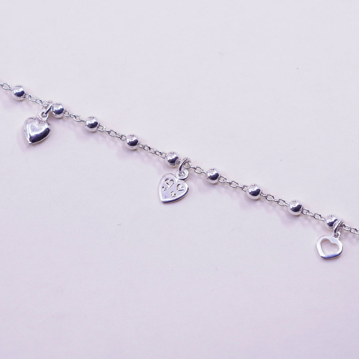 9.75”, sterling silver handmade anklet bracelet, 925 circle chain heart charms