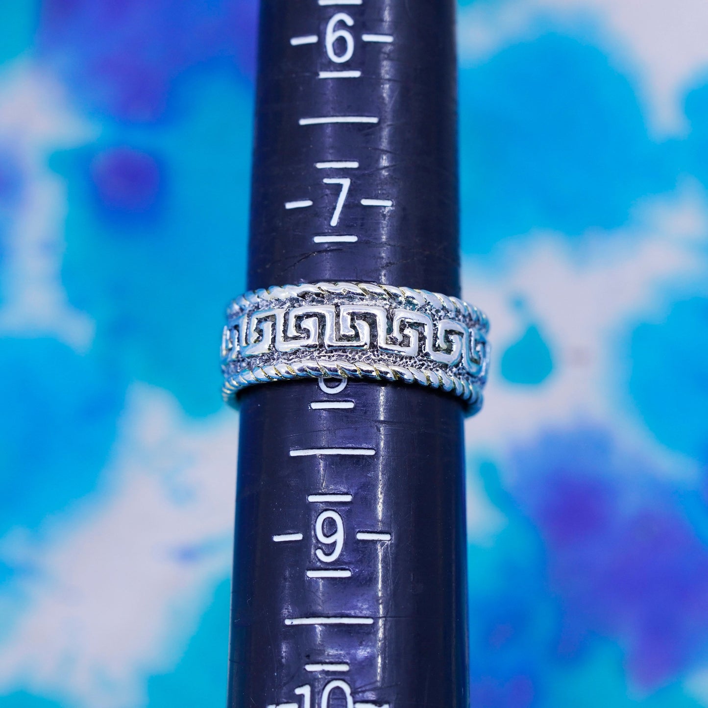 Size 7.5, vintage sterling silver handmade ring, 925 band embossed Greek key