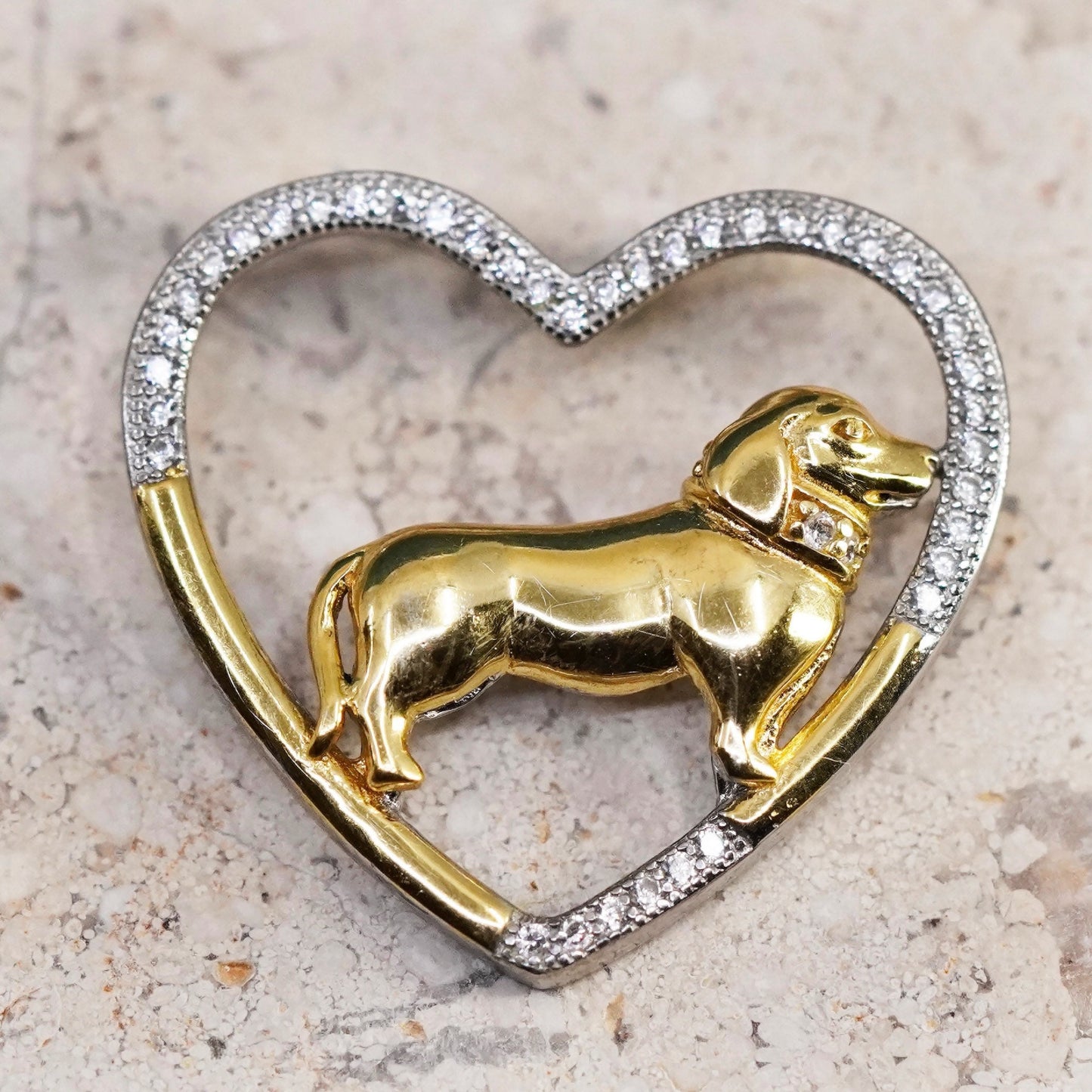 Vermeil gold over Sterling silver pendant, 925 heart with Dachshund dog diamond
