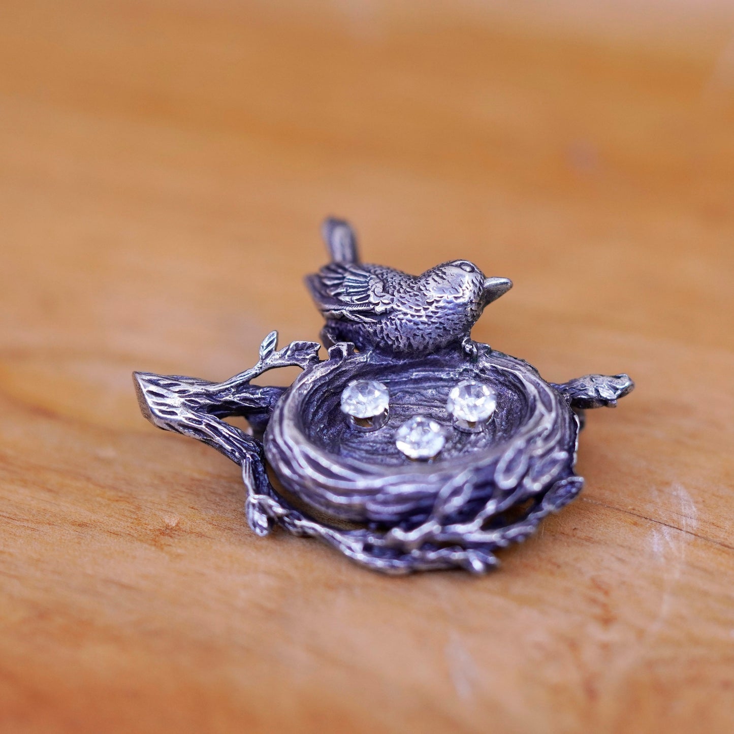 Vintage Anson handmade sterling 925 silver bird nest brooch pin with cz