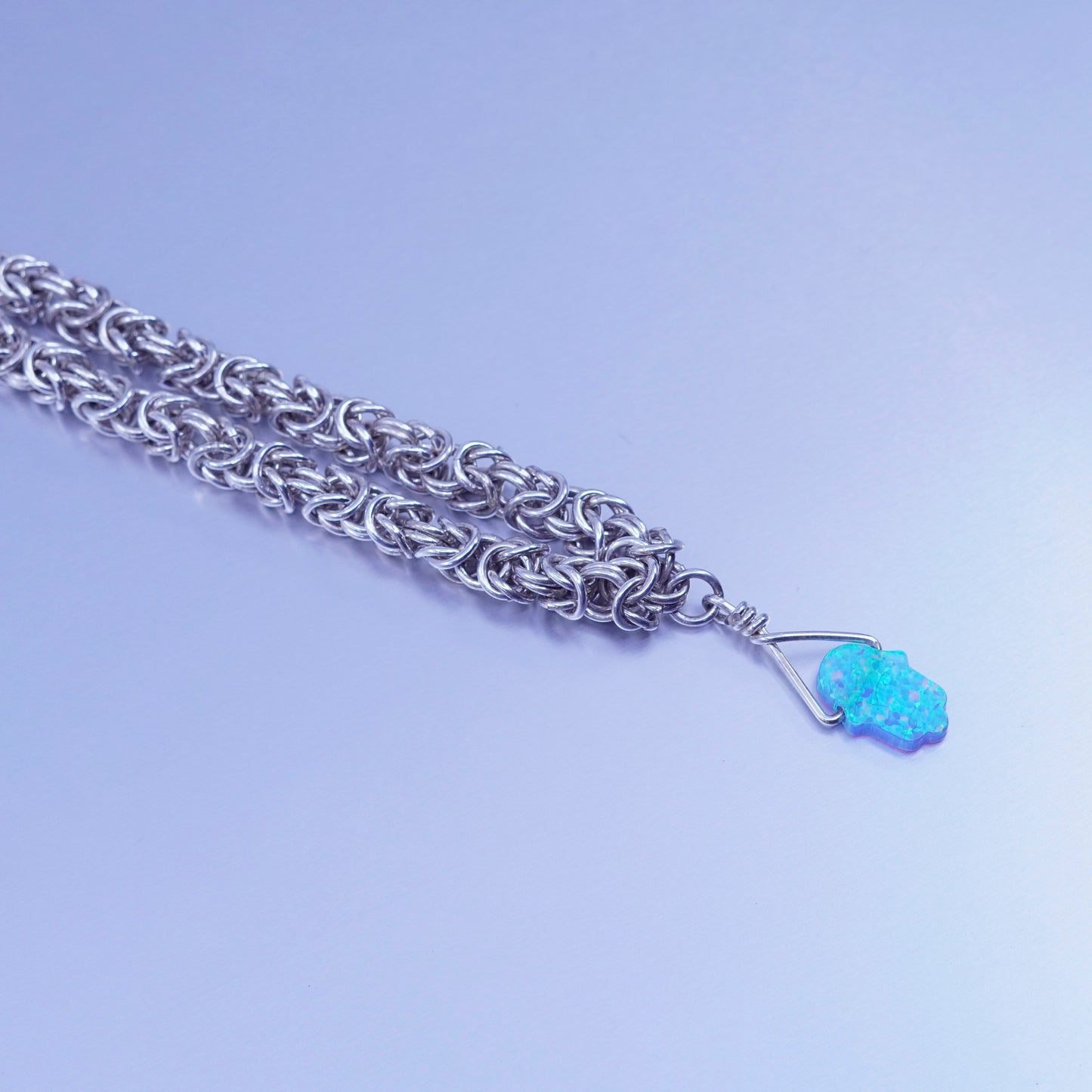 7.75”, Sterling silver bracelet 925 Byzantine birdcage chain opal hand charm