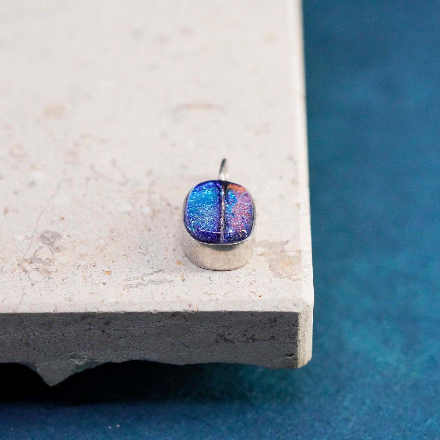 Vintage sterling 925 silver handmade pendant with dichroic glass