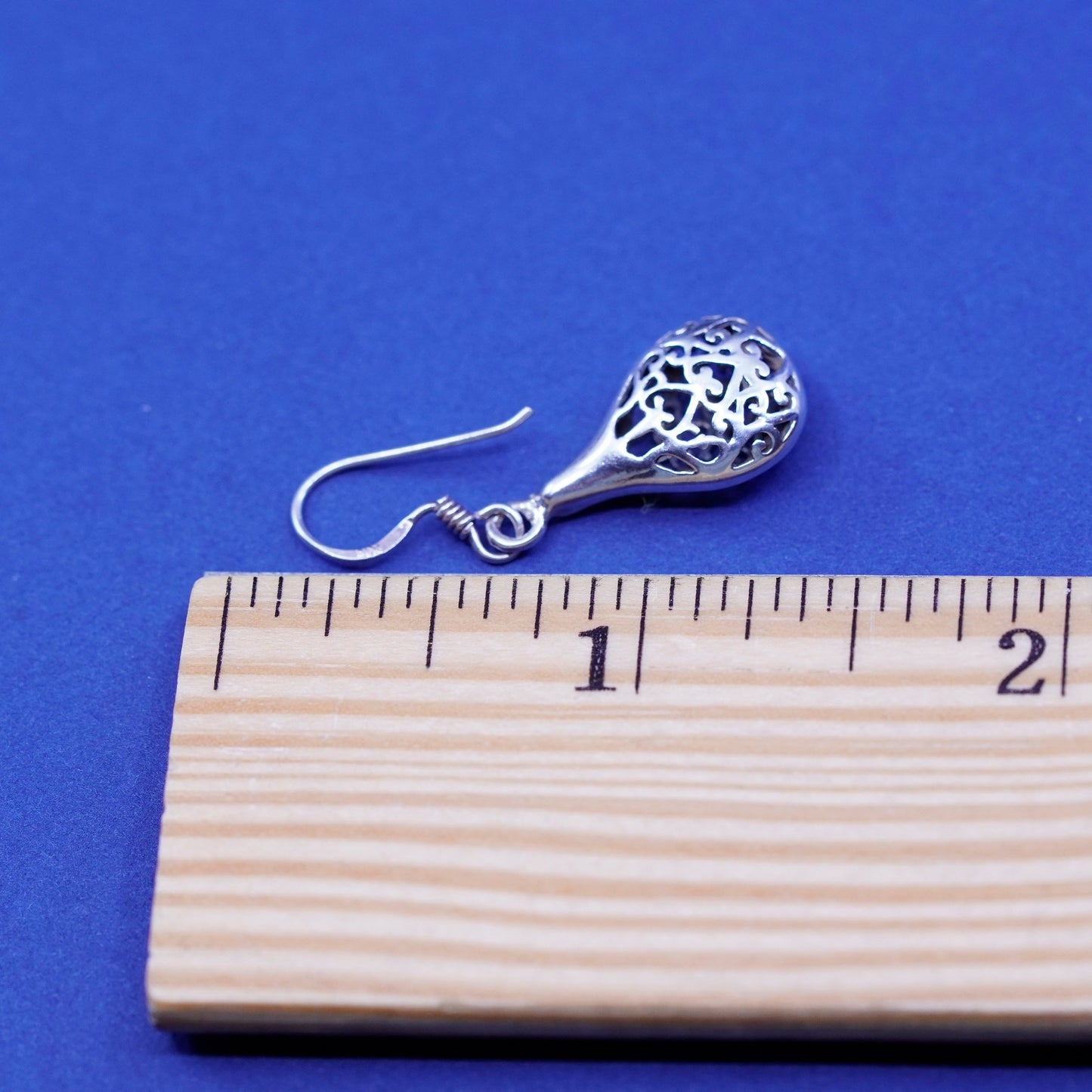 Vintage sterling silver handmade earrings, 925 filigree Bali teardrop drop