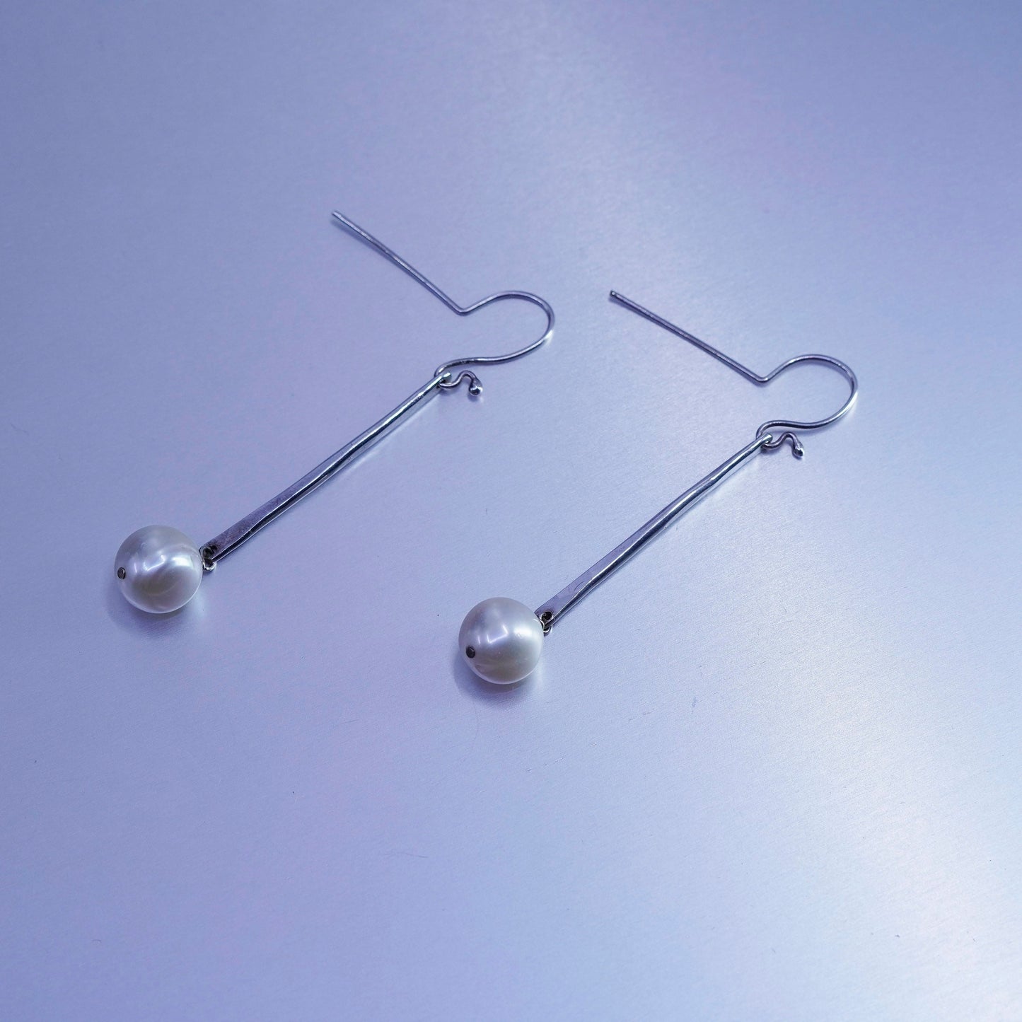 2.5”, Vintage Sterling 925 silver handmade bar earrings with pearl beads