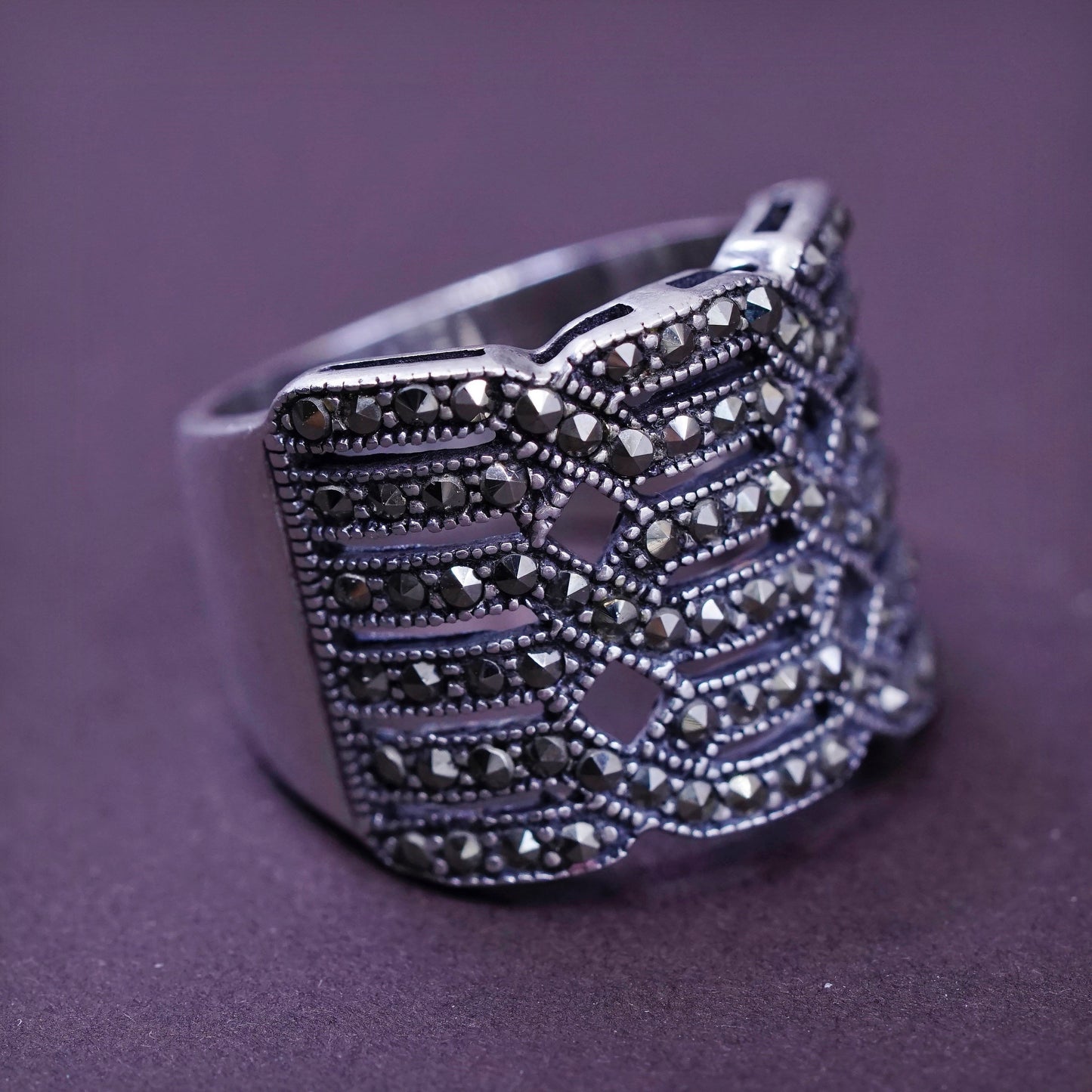 sz 7, vtg Art Deco Sterling silver handmade ring, wide 925 band with marcasite