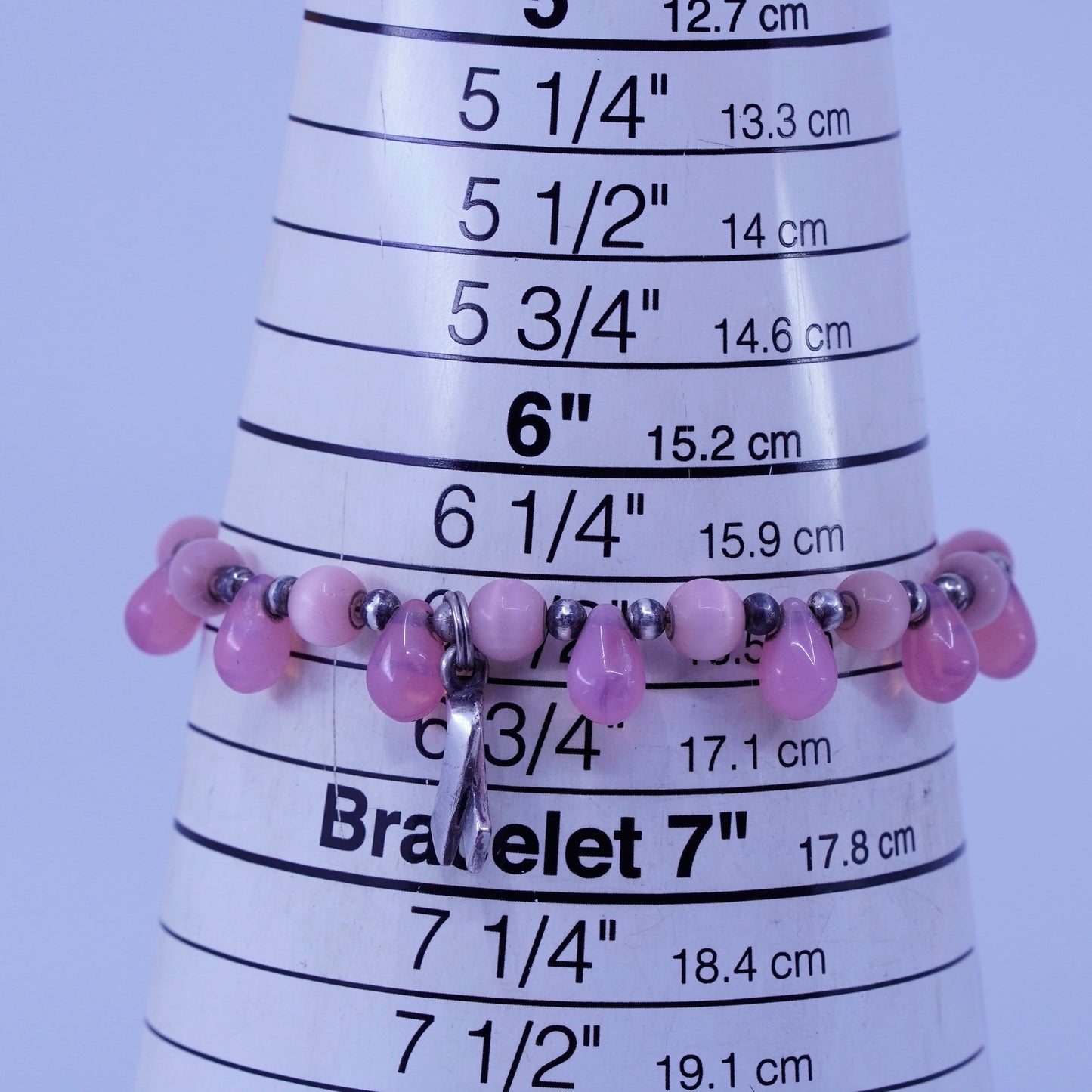 6.5”, Sterling 925 silver bracelet pink cats eye breast cancer ribbon bow tie