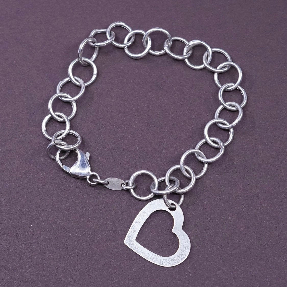 6.5”, Sterling silver handmade bracelet, 925 bold circle chain w/ heart charm