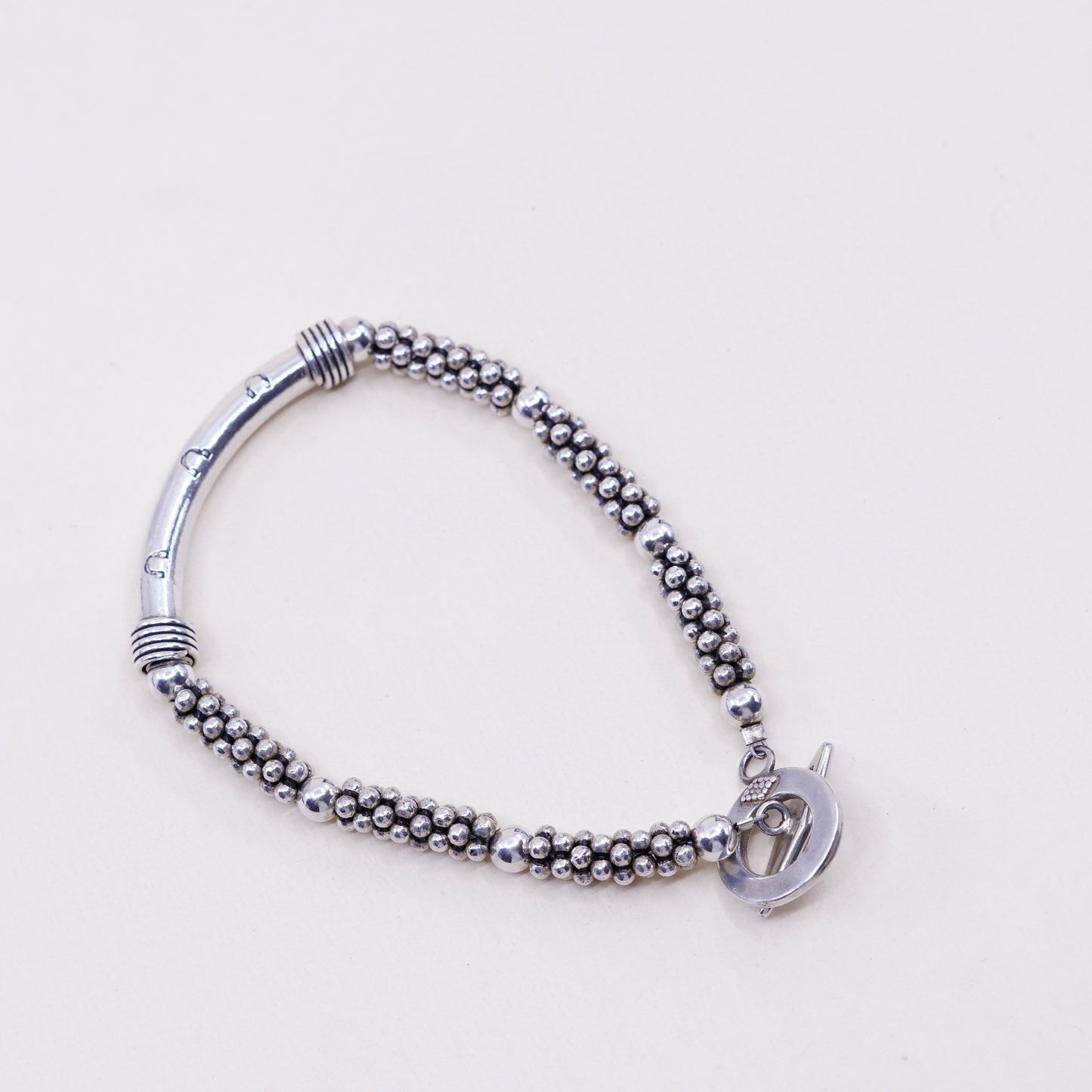 7”, vintage sterling silver handmade bracelet, bead 925 chain with bar